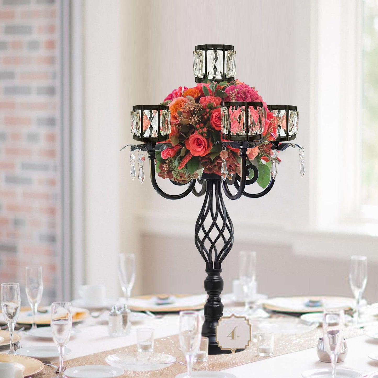23.2 inch Tall Elegant and Chic 5 Arm Pendant Crystal Candlestick Holder Table Decoration tealight Candle Holder, Candelabra for Gorgeous Wedding/Parties Table Centerpiece (1, Black)