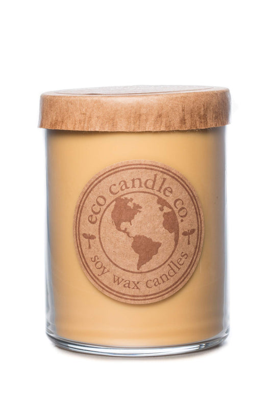 ECO CANDLE CO. Recycled Candle, Caramel Rum Cake, 18 oz. Double Wick - Scents of Caramel, Rum, Maple, Almond, Pear, & Vanilla - 100% Soy Wax, No Lead, Kraft Paper Label & Lid, Hand Poured