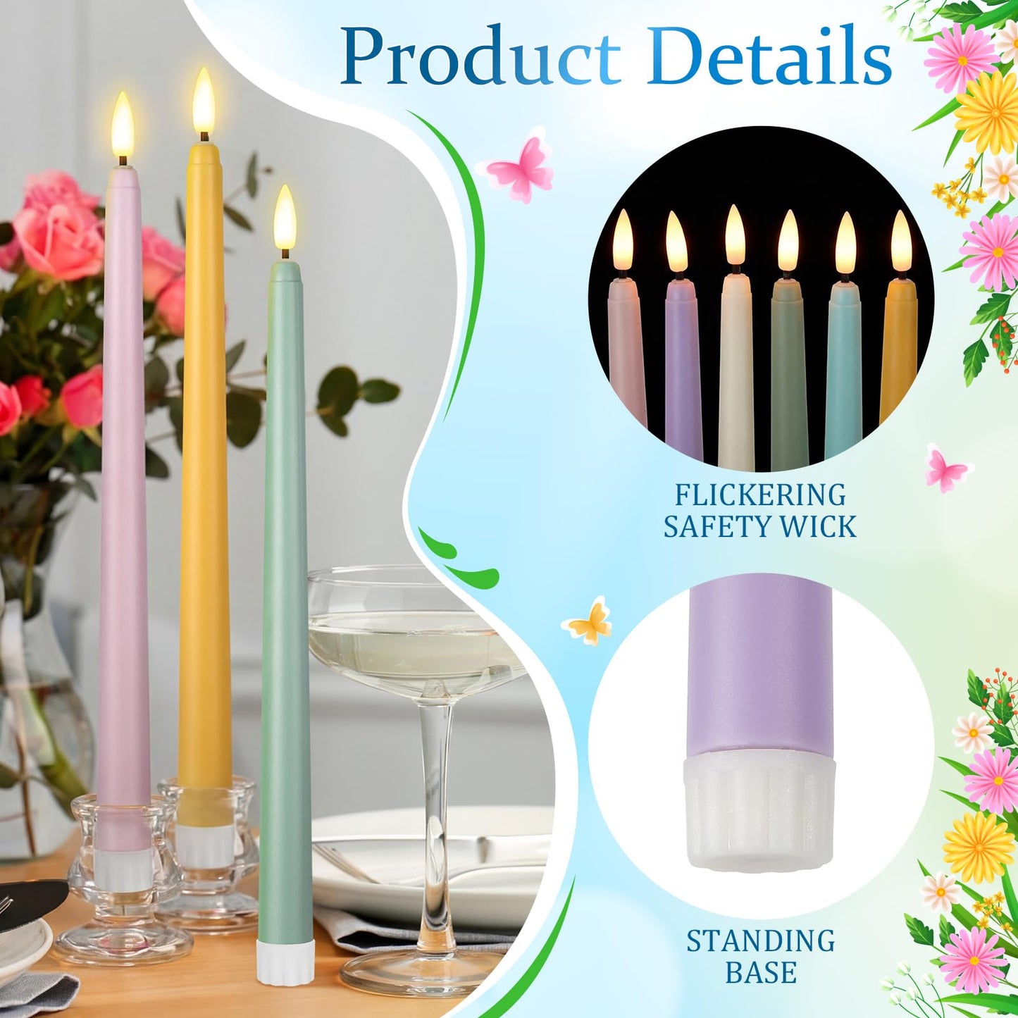 Macarrie 24 Packs Flameless Taper Candles Battery Operated Fake 11 Inch Long Candlelight LED Flameless Candlesticks Flickering Tapered for Spring Summer Wedding(Spring Wedding)