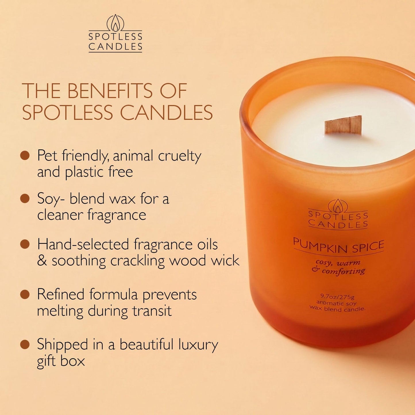 Pumpkin Spice Candle; 9.7 oz:, 55 Hrs Burn Time, Soy Wax Orange Frosted Jar with Crackling Wooden Wick & Luxury Gift Box: Pumpkin Spice Scented Candle by Spotless Candles