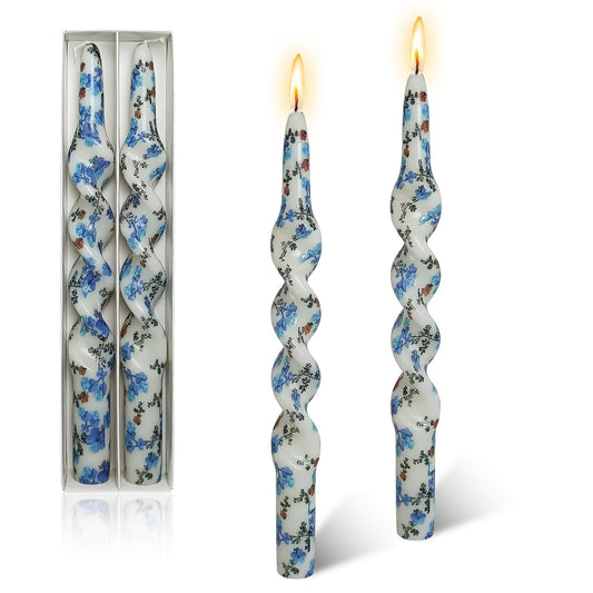 Unscented Floral Spiral Taper Candle Lavender Printed 10 Inch Long Burning Twisted Candle for Home Dinner Decor Gifts,2Pcs