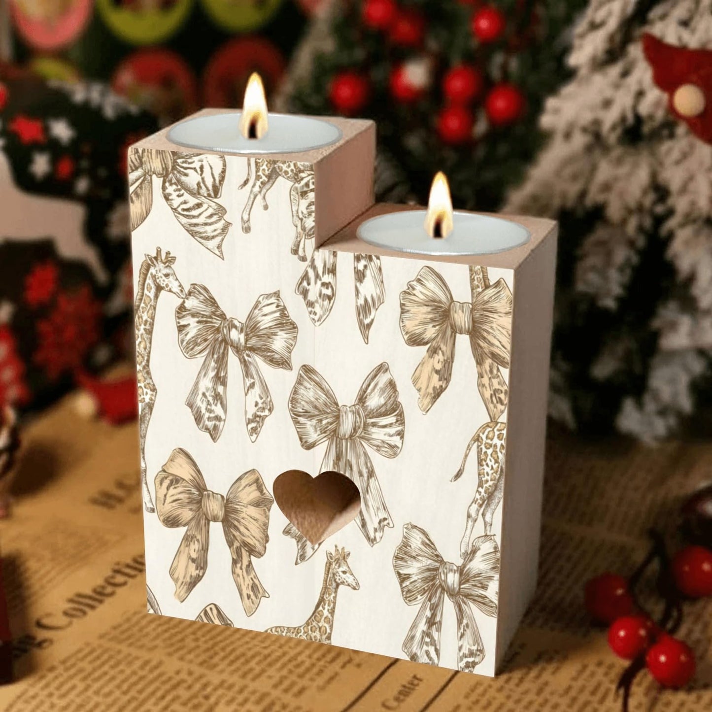 pnyoin Animal Print with Bows Candle Holders Gift for Women Wooden Heart Candlestick Personalized Christmas Birthday Graduation Friendship Gifts Home Wedding Dinning Party Decorative