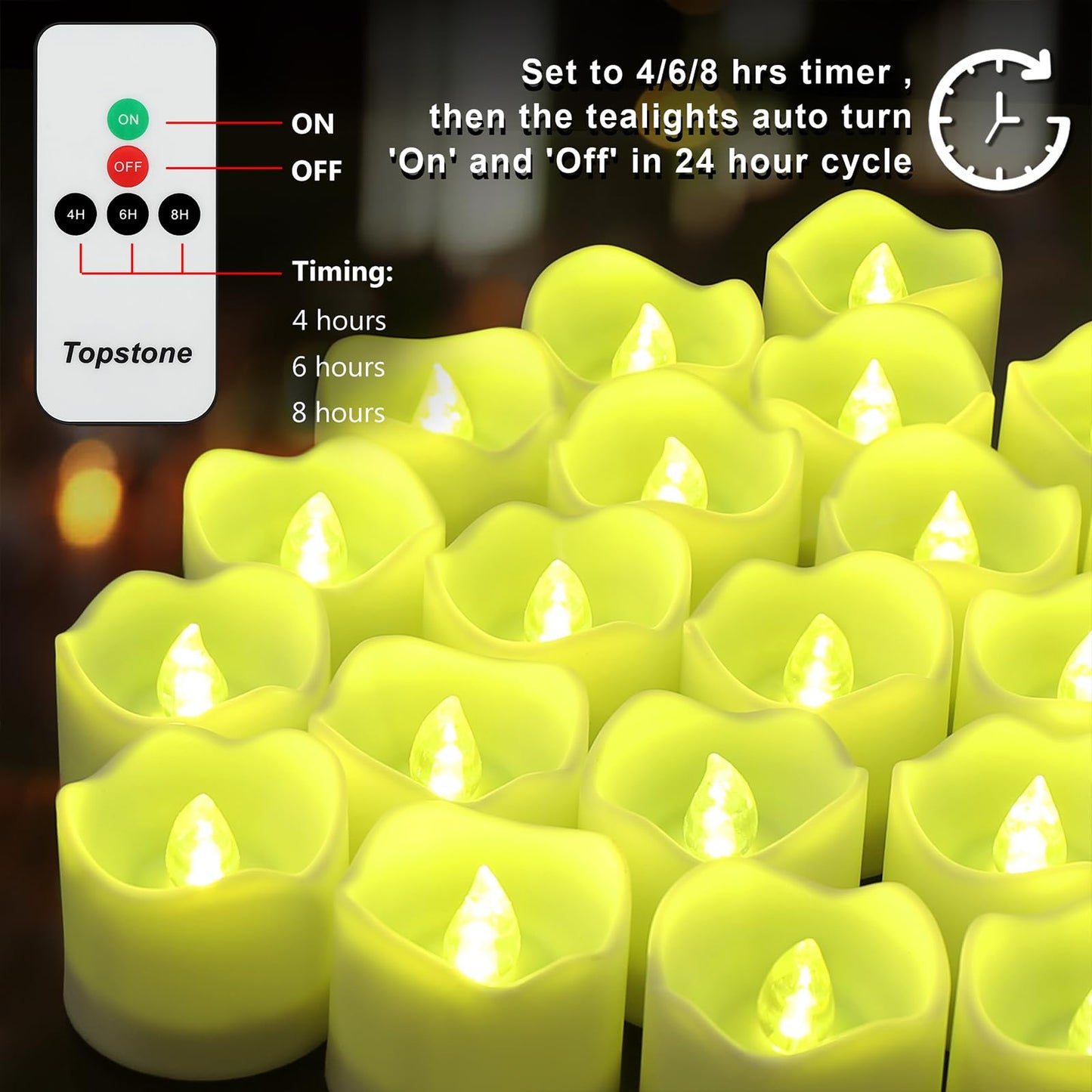 Topstone Green Remote Control Flameless Tealight Candles,CR2450 Battery Powered Votive Candles with Timer,Electric Fake Candle for Home, Christmas Decoration,Pack of 12