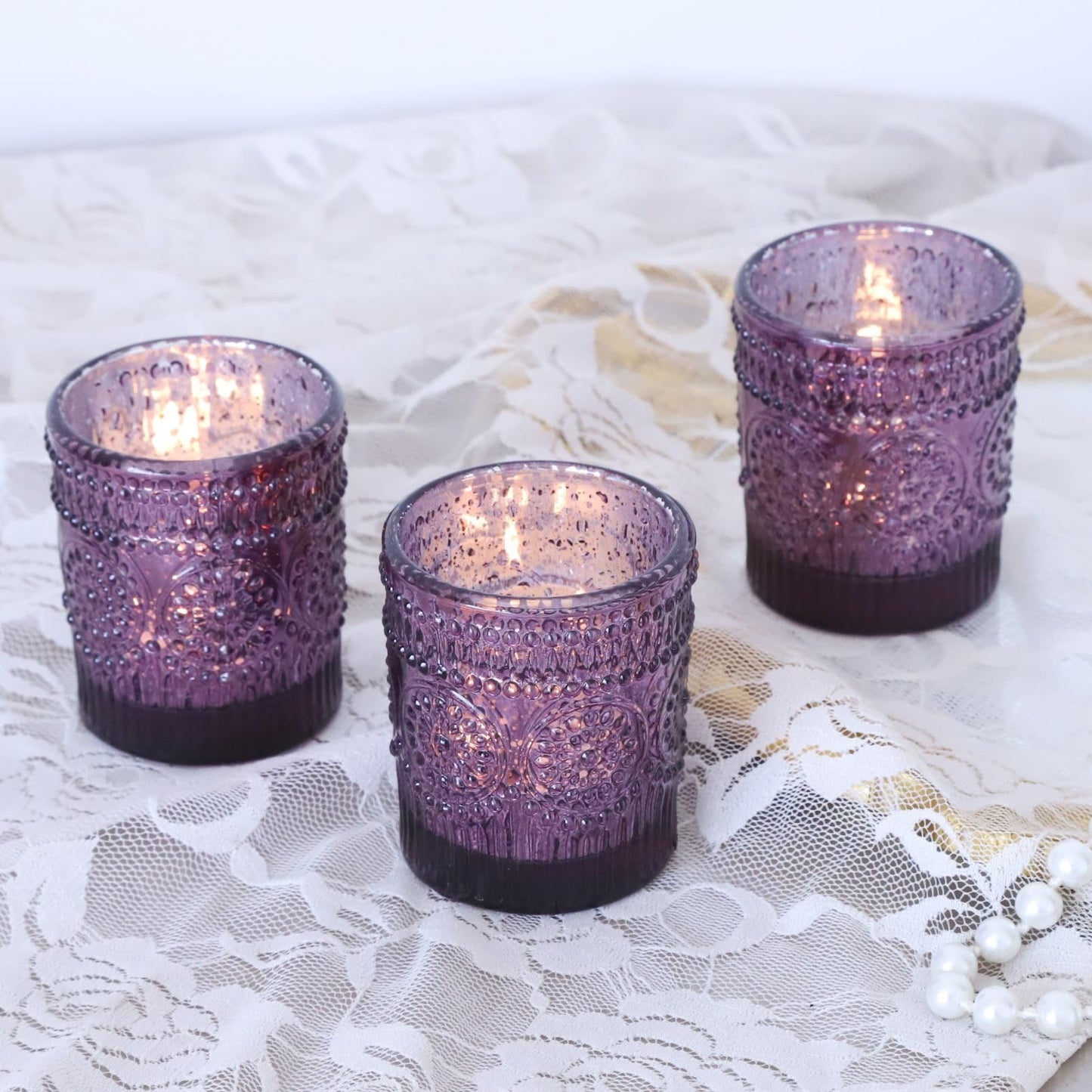 VOHO 12pcs Sunflower Purple Votive Candle Holders for Table Centerpiece, Mercury Tealight Candle Holder for Wedding Decor, Boho Tea Light Candle Holder Glass Gifts for Easter Halloween(2.1x2.6 In,W/H)
