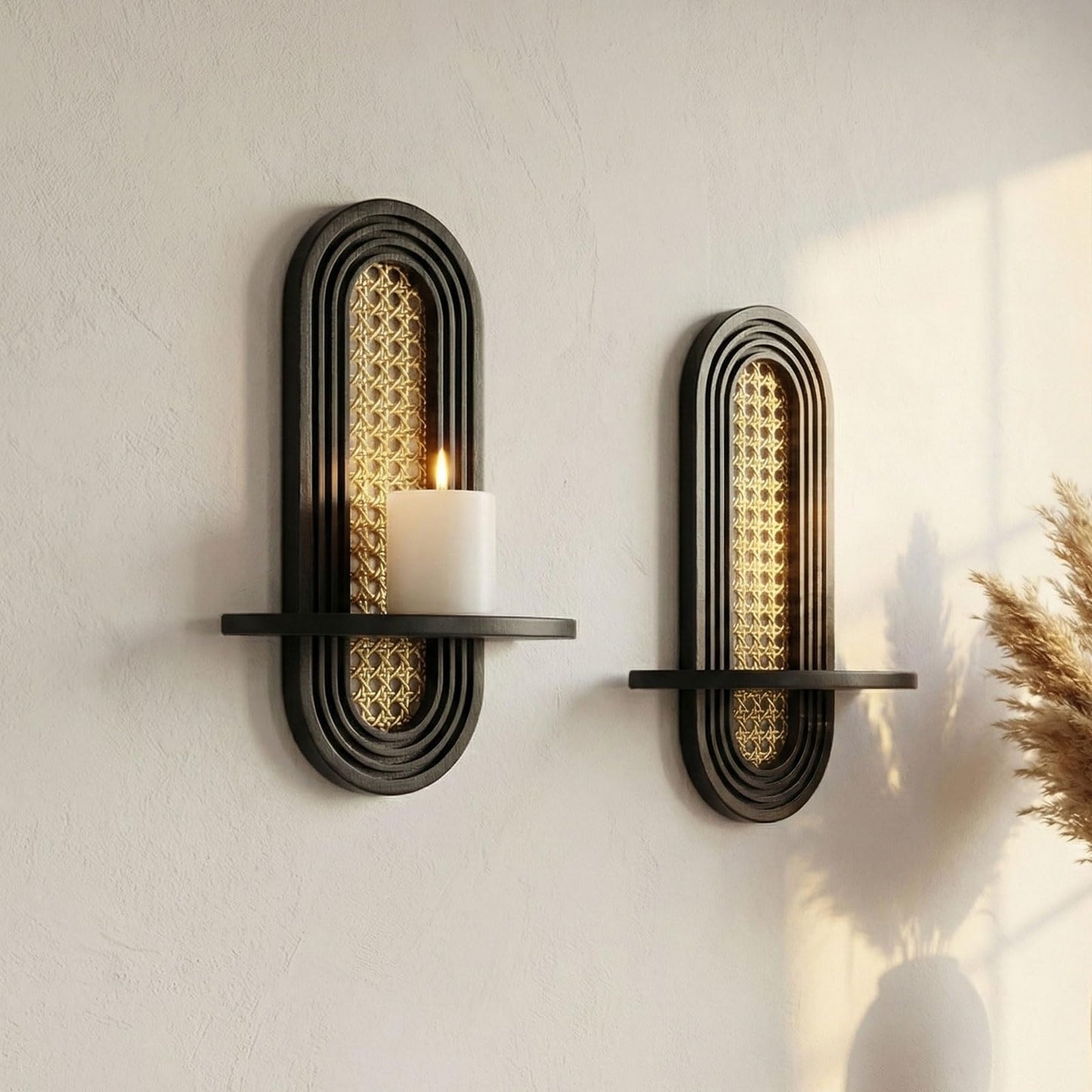 Wall Candle Holder Sconce, Set of 2 Wooden Wall Mounted Candle Holder with Arched Shelf and Gold Metal Vine Detail, Decorative Wall Sconce for Pillar Candles, Living Room Bedroom Entryway Decor
