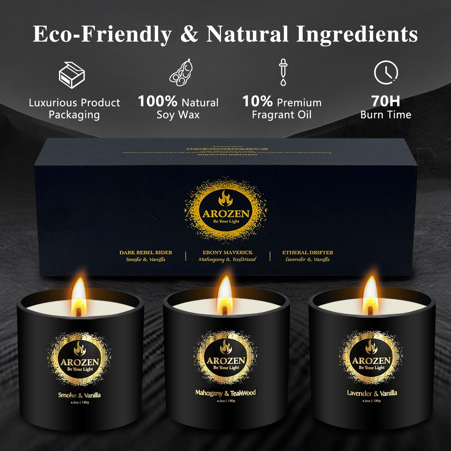 AROZEN 3 Pack Candles for Home Scented, Scented Candles Gifts Set for Men, Aromatherapy Soy Candle of Lavender, Mahogany Teakwood & Smoke Vanilla, Gifts for Men Fathers Day Valentine's Day Present