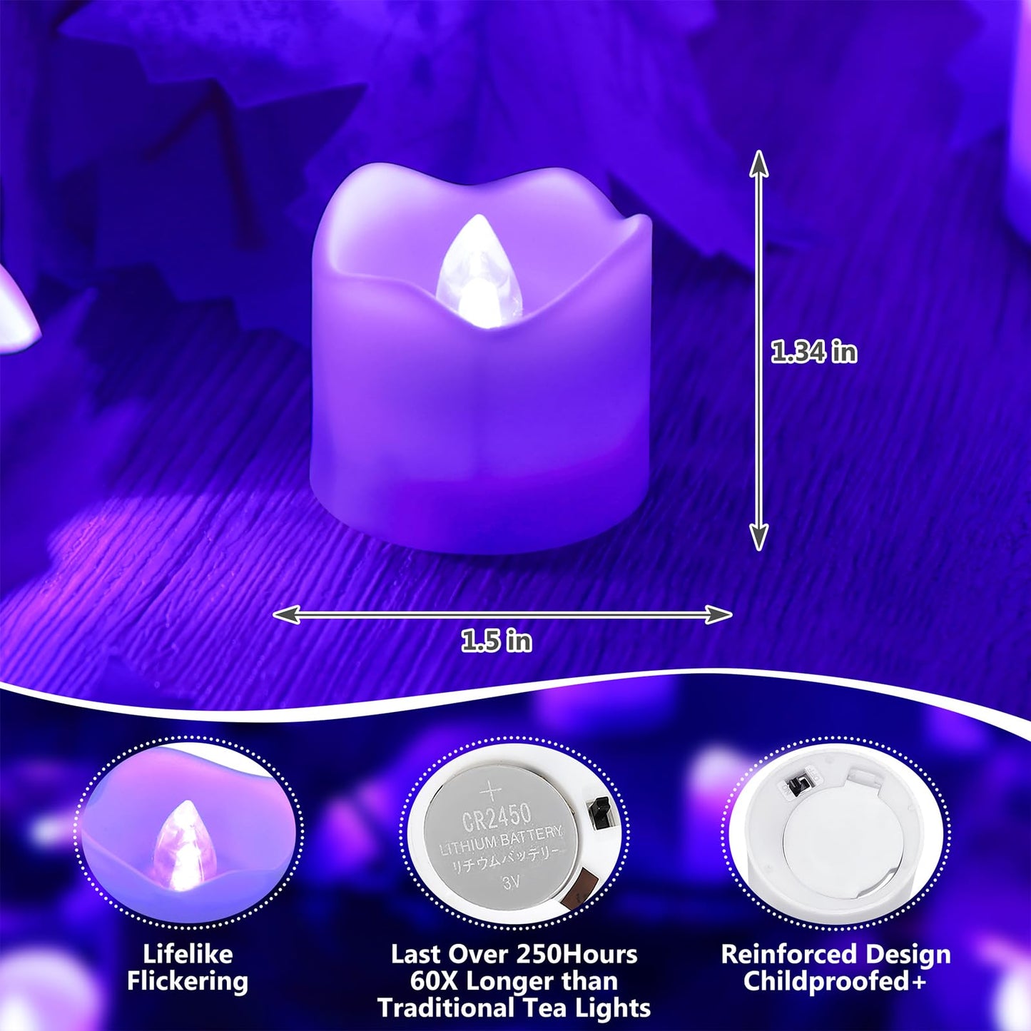 Topstone Electronic Flameless Candles with Remote Control,Purple LED Light, 400+ Hours Battery Life, CR2450 Battery Included, Timer, Realistic Flickering for Home Decor, Wedding, Party, Holiday