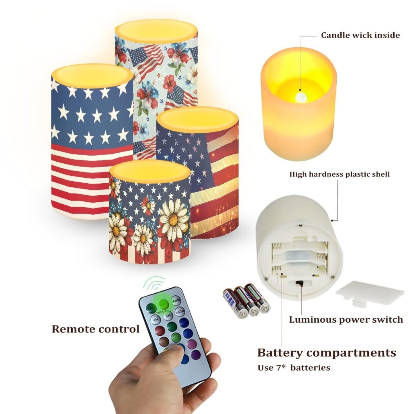 NETILGEN Patriotic American Flag Theme Flickering Flameless Candles 4 Packs Battery Powered LED Candles with Timer Remote Control American Independence Day 250th Anniversary Decor
