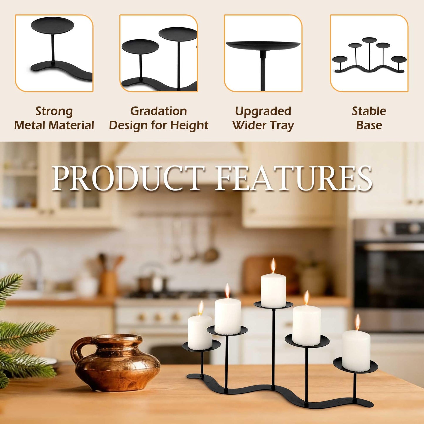 Black Iron Candelabra Candle Holder: Metal Centerpiece Decor - 5 Arm Candle Holder Stand for Pillar Candles