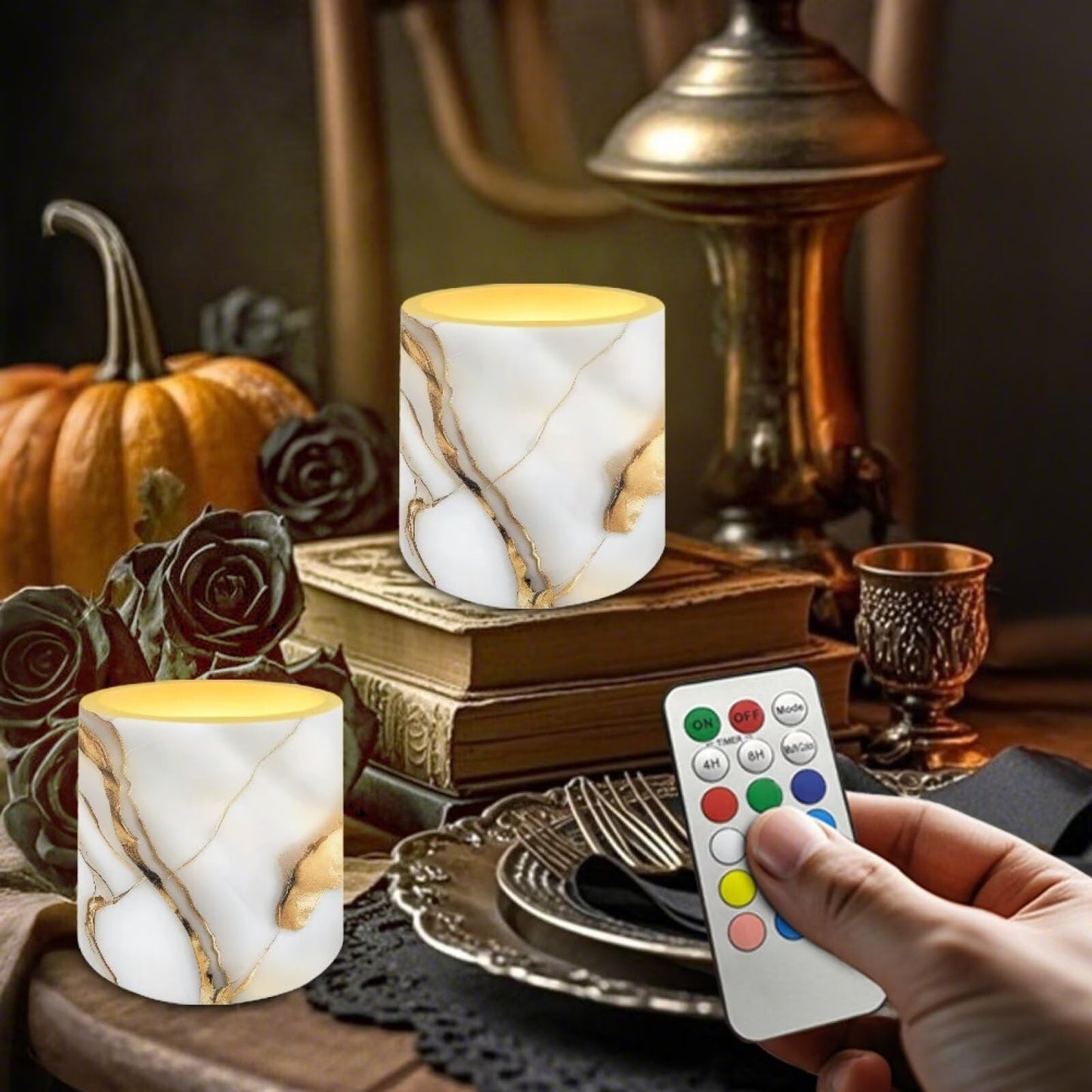 Cozeyat Gold Marble Flameless Candles 4 Pack Waterproof Battery Operated LED with Remote Control Timer Dancing Flame for Indoor Outdoor Home Decor