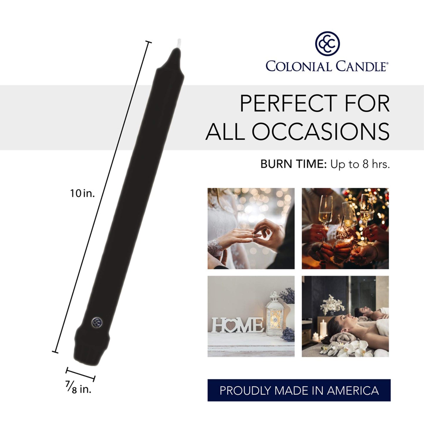 Colonial Candle Unscented Taper Candle, Classic Collection, Black, 10 in, Pack of 12 - Up to 8 Hours Burn