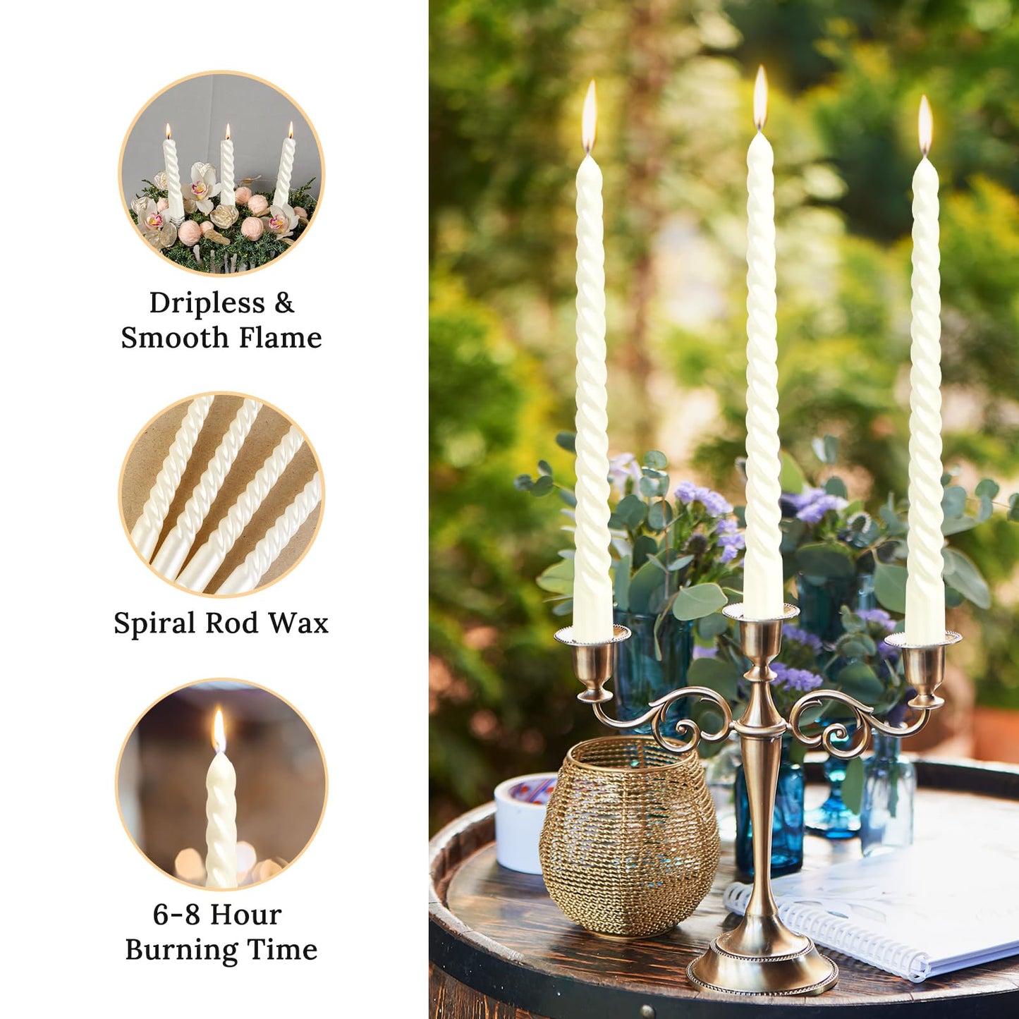 10 Inch Metallic White Spiral Taper Candles Set for Holiday Decor, 12 Pack Unscented Twisted Candlesticks, Dripelss Thin Tapered Candles for Wedding Dinner Party Ceremony Religious