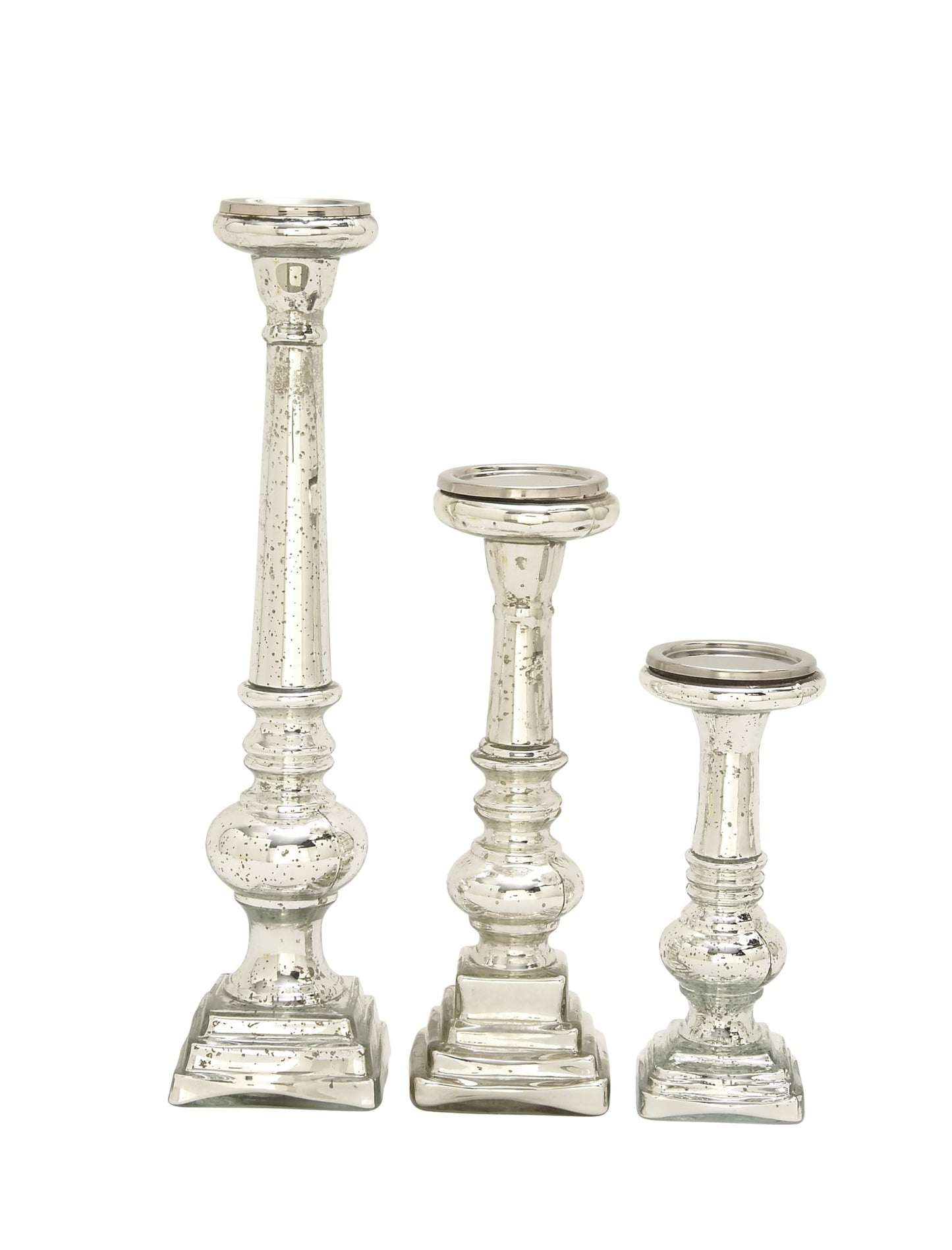 Deco 79 Glass Handmade Decorative Candle Holder Turned Style Pillar Candle Stand, Set of 3 Candlestick Holder 11", 15", 21"H, Silver