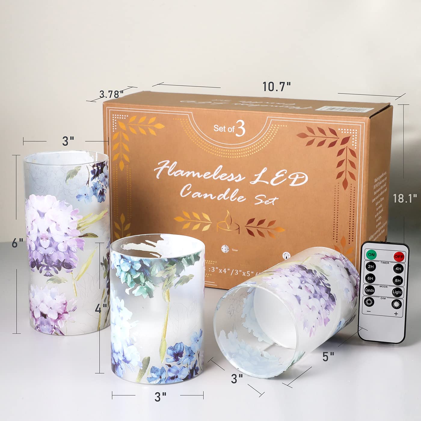 FLAVCHARM Floral Flameless Candles Decorative Battery Operated with Remote Hydrangea Flowers Romantic Lovers Flickering Pillar Candles for Wedding Tray Centerpiece Home Decor