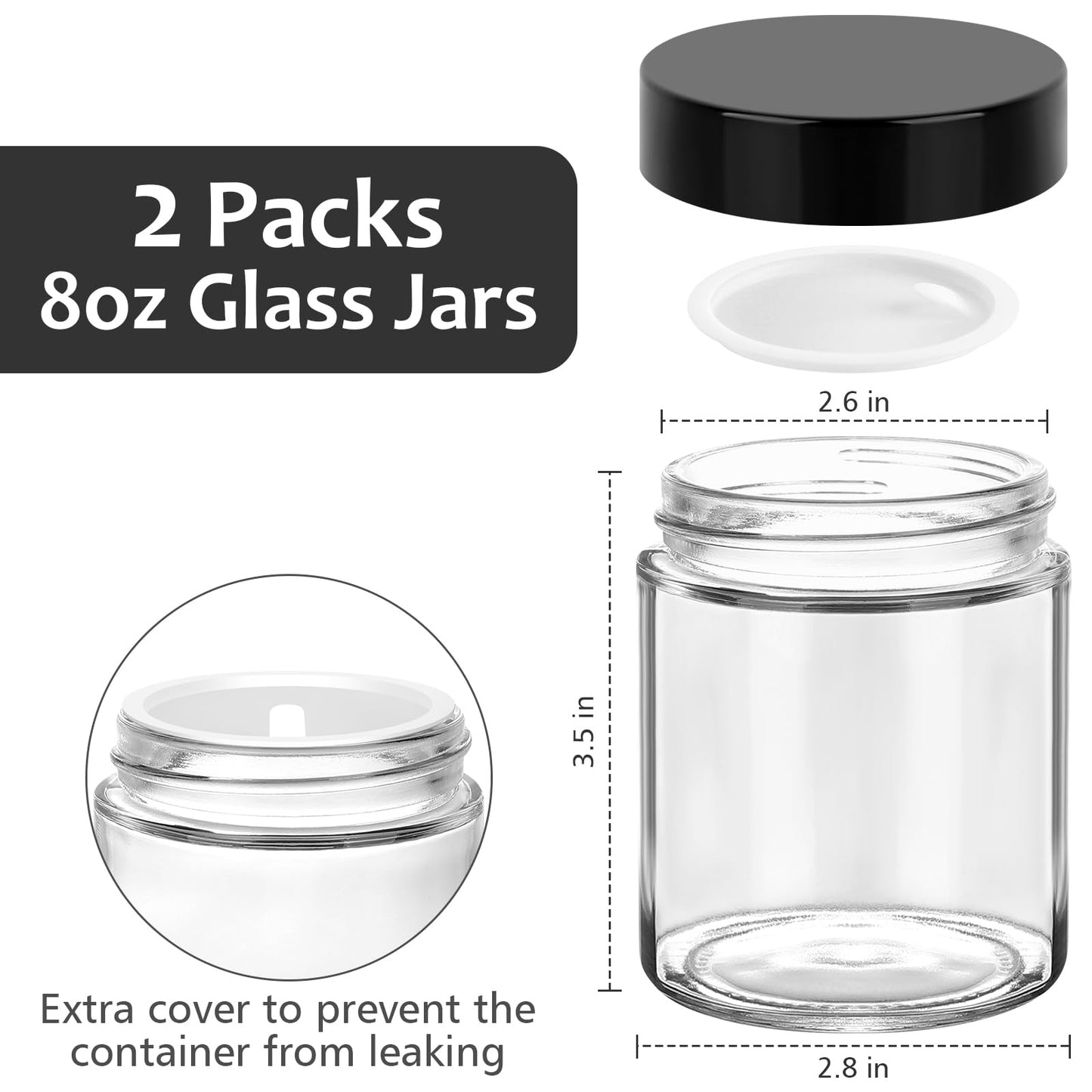Accmor 8 oz Glass Jars with Black Lids, 2 Pack Glass Jars with Inner Liners, 250g Wide Mouth Makeup Sample Container, Leakproof Round Airtight Cosmetic Containers for Lotions, Creams, Candle Making