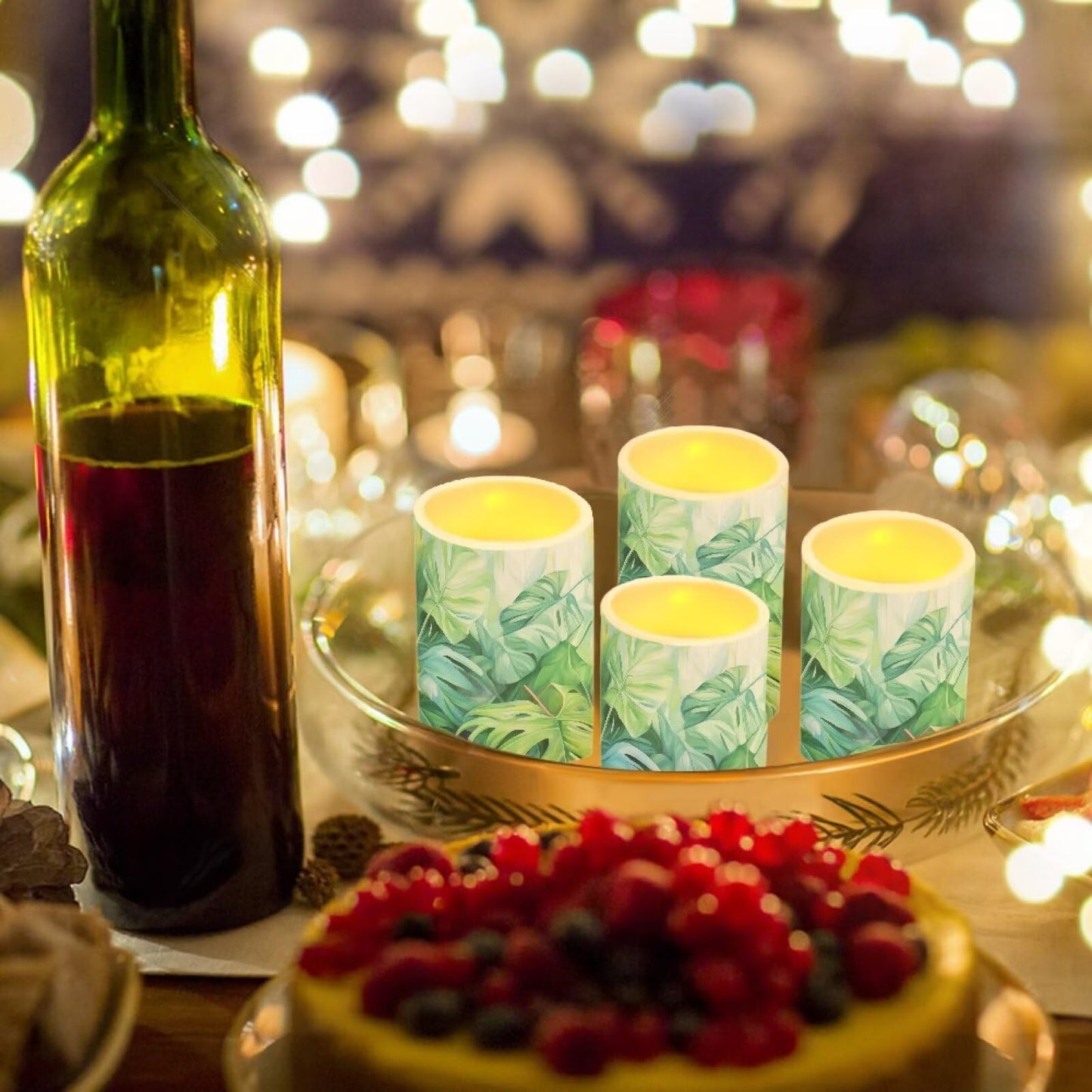 Merkmak Flickering Flamless Candles with Remote 4 Pack Battery Operated LED Pillar Candles with Timer for Outdoor Beach Wedding Coastal Home Decorations, Tropic Palm Leaves