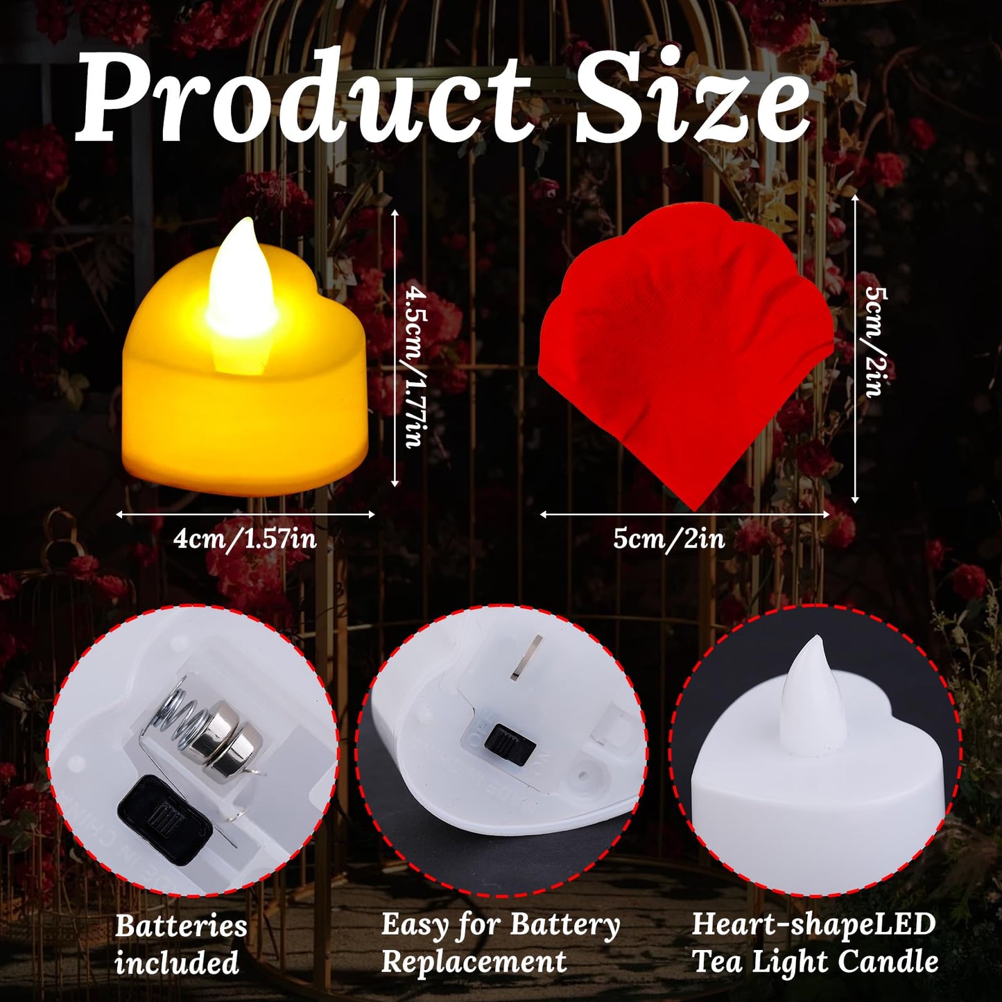 JMUQ 9000 Pieces Artificial Rose Petals with 96 Pieces Romantic Heart Led Tealight Candles, Rose Petals and Candles Set for Weddings Anniversaries Proposals Decor(Warm White Light)