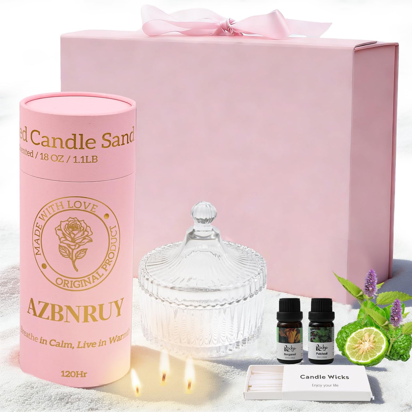 Pearled Sand Candles with Wicks 18 Oz-Refillable Patchouli & Bergamot Scented Natural Pearled Candle Sand Wax Pearl Candle Powder Beads-Non Toxic Luxury Long Lasting 120 Hours DIY Candles Making Kit