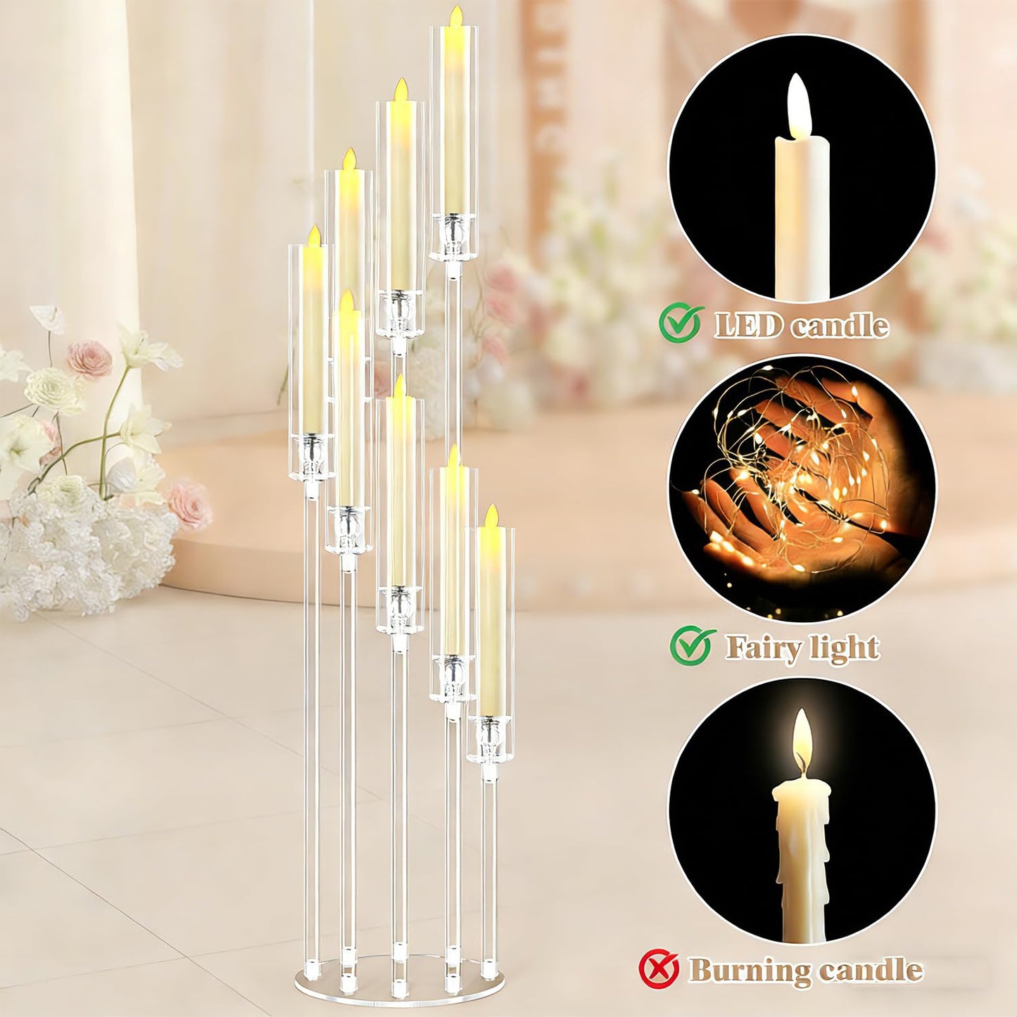 10pcs 8 Arm Acrylic Candelabra for Wedding,49inch Tall Floor Candle Holders Clear Candlesticks Holder for Housewarming Gift Fireplace Valentine's Day Birthday Party Home Decoration