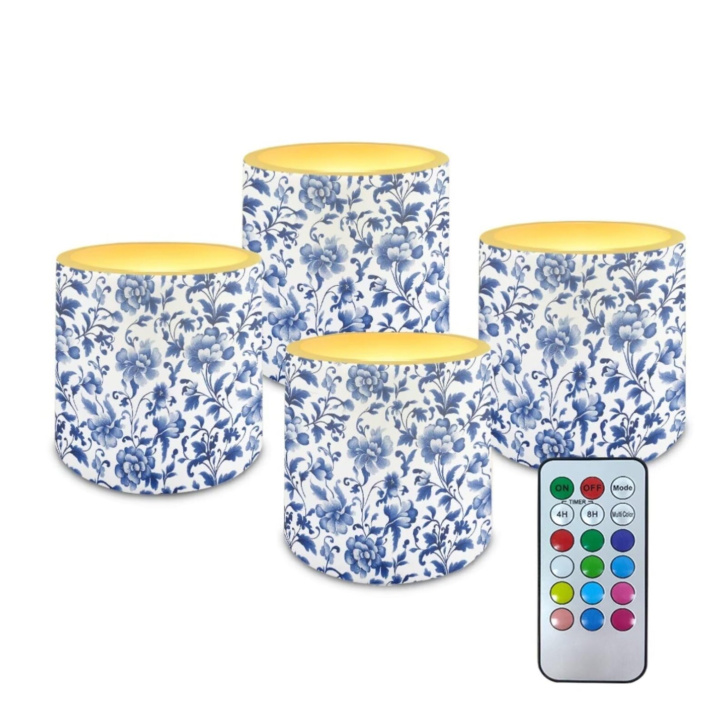 Poceacles Flickering LED Candles Set of 4 with Remote Control, Battery-Powered Flameless Candles Decorative Tealights for Party Indoor Outdoor Decor, Blue Floral Retro