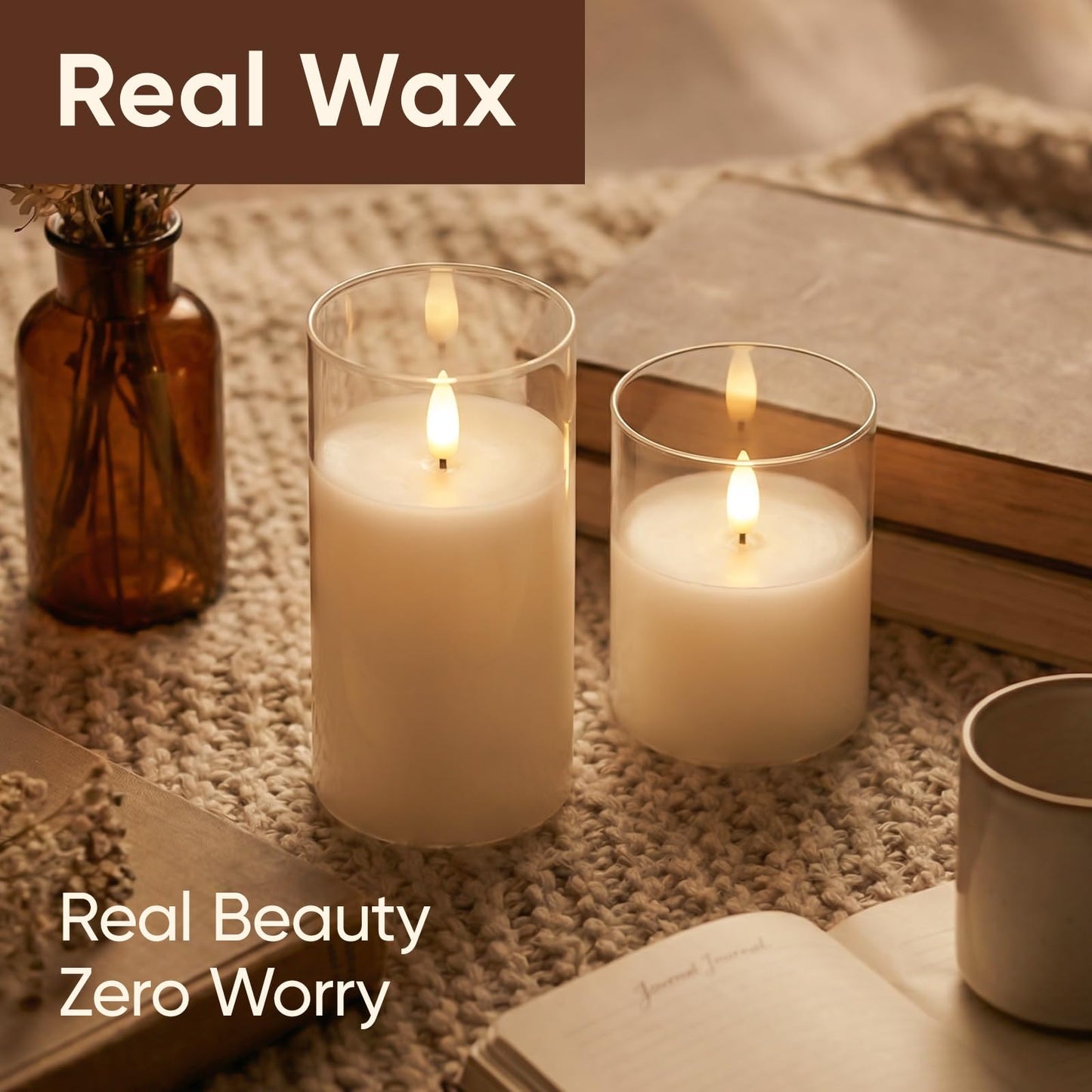 Amagic 3"x4"6" Clear Glass Flameless Candles Battery Operated with Timer, Remote Control, LED Pillar Candles, Battery Powered, Valentine's Day Decor, Pure White Wax, Set of 2