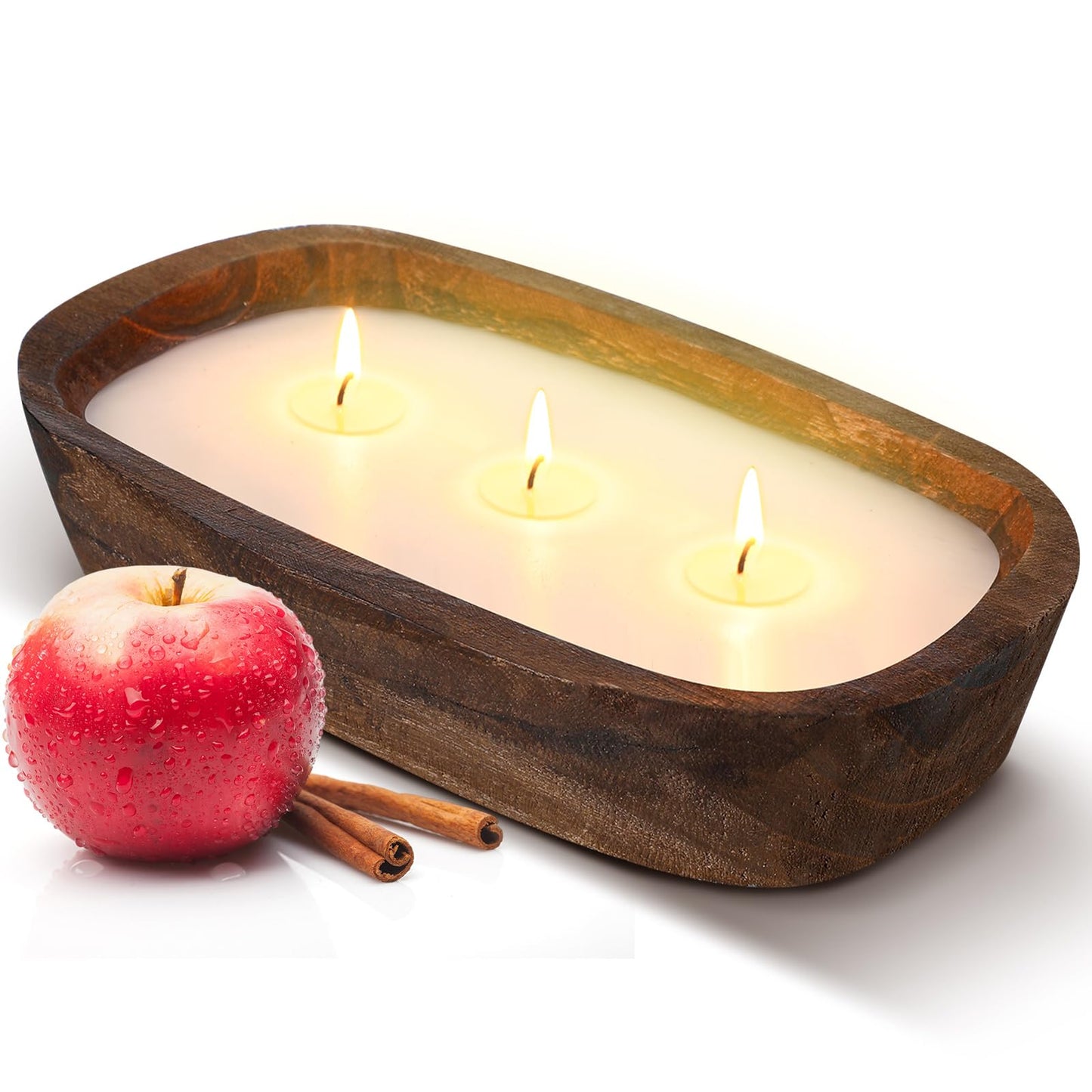 Threlaco 1 Pack 10 Inch Wood Dough Bowl Candles Home Rustic Dough Bowl Soy Candle 3 Wick Scented Candles Gifts for Men Women Farmhouse Table Centerpiece Home Decor for Christmas(Apple Cinnamon)