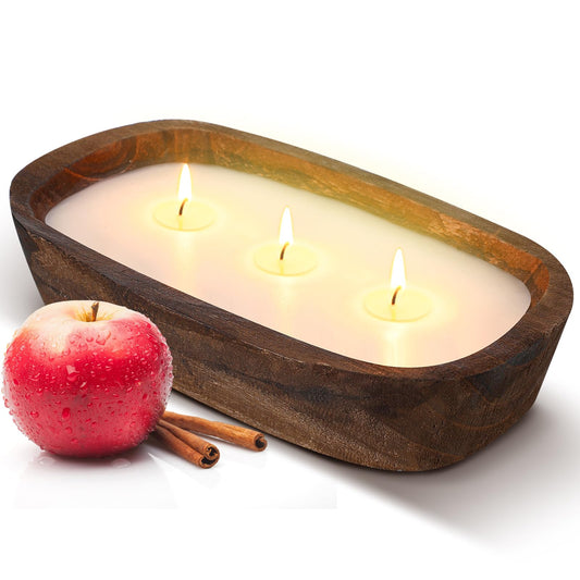 Threlaco 1 Pack 10 Inch Wood Dough Bowl Candles Home Rustic Dough Bowl Soy Candle 3 Wick Scented Candles Gifts for Men Women Farmhouse Table Centerpiece Home Decor for Christmas(Apple Cinnamon)