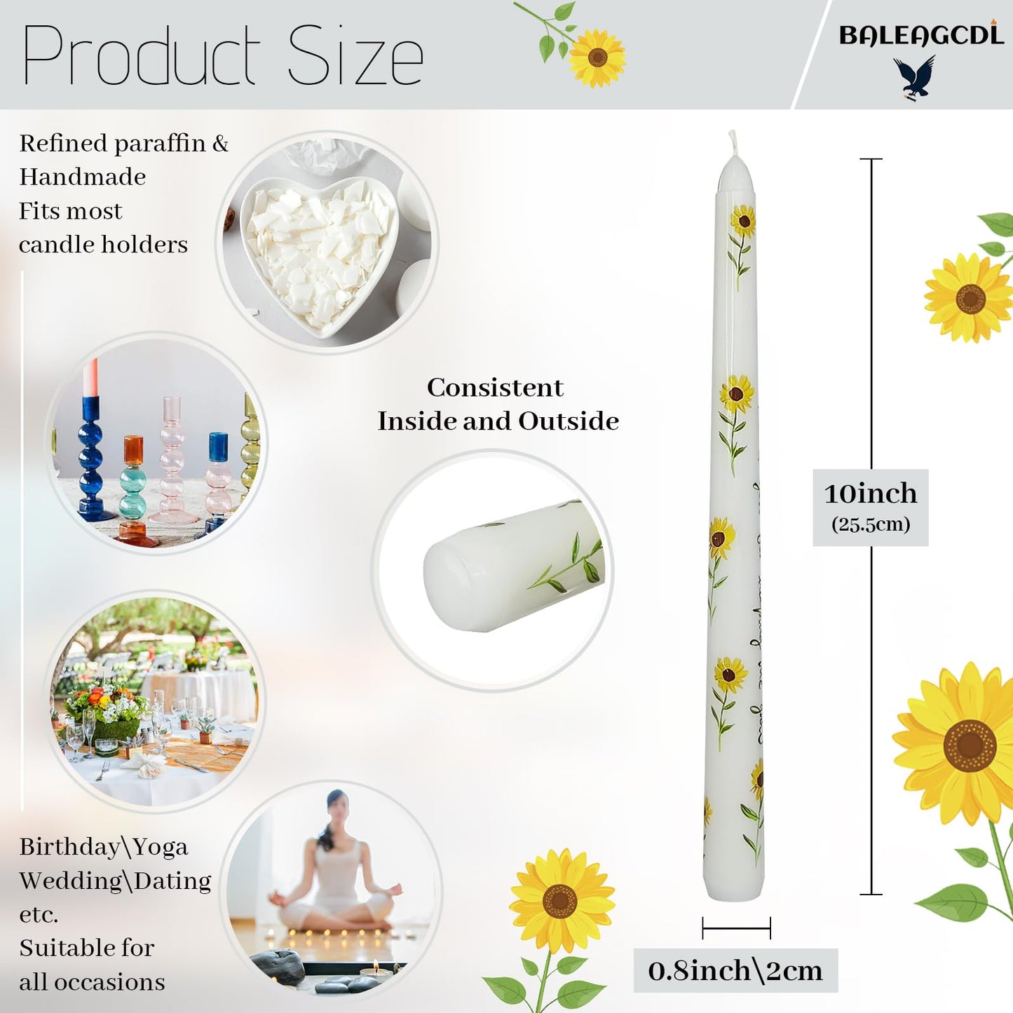 Cream Floral Sunflower Taper Candles - 10 Inch Handmade Drip Candles, Set of 2 for Wedding Holiday Decor & Gifts
