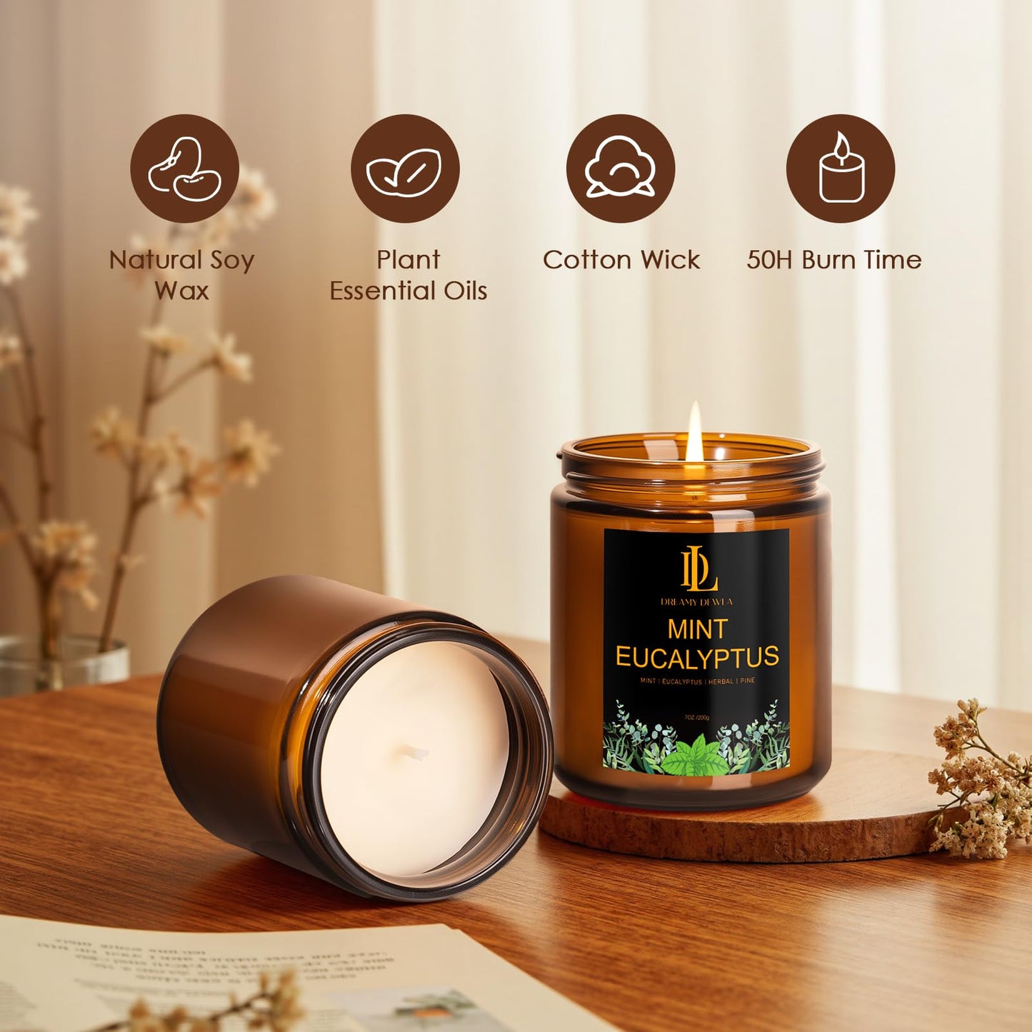 Mint Eucalyptus Candles, Mint Eucalyptus Scented Candle, Mother's Day Candle Gifts for Women, Soy Candles for Home Scented, 7oz 50 Hours Burn
