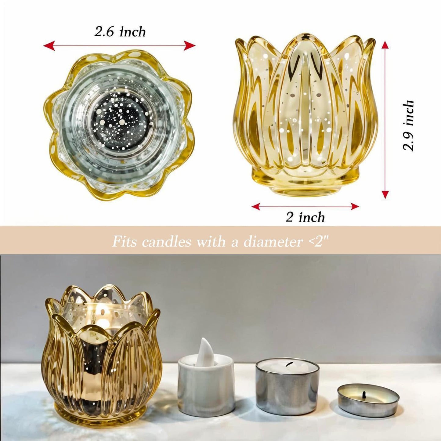 VIVAHEARTH Tulip Votive Candle Holders Set of 12, Tea Light Candle Holder Glass for Table Centerpiece, Tealight Candle Holders for Wedding Déco, Birthday, Anniversary, Parties, and Holiday (Glod)