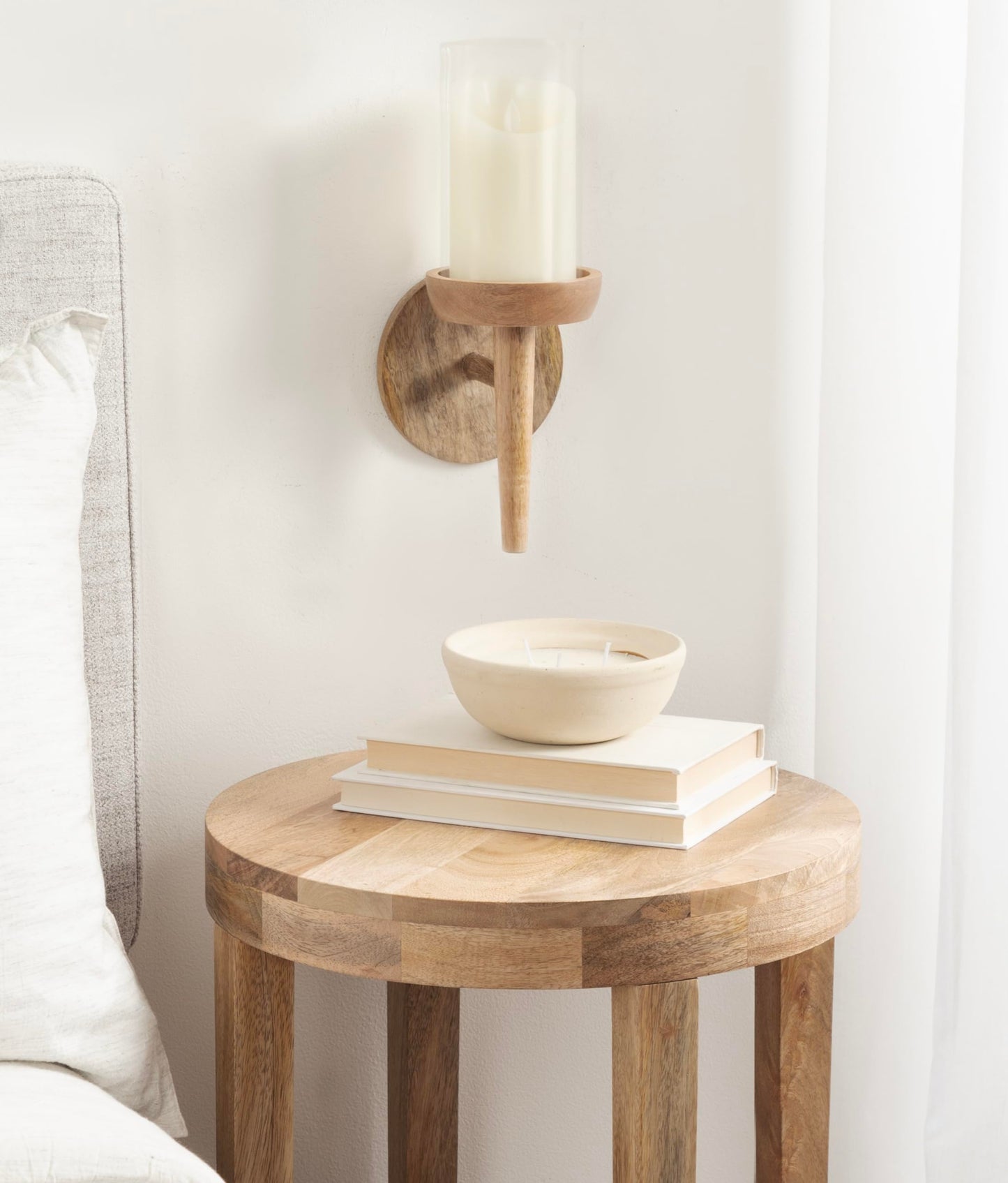 Kate and Laurel Shae Transitional Wooden Wall Sconce; 5 x 5 x 13; Natural Wood; Rustic Candle Holder with Removable Glass Cylinder for Flameless Pillar Candles