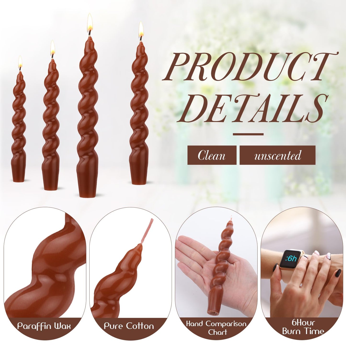 Zhengmy 4 Pcs Terracotta Spiral Taper Candle 7 Inch Twisted Long Wax Dinner Candlestick for Fall Halloween Christmas Holiday Valentines Wedding Birthday Baby Shower Table Decor(Solid)