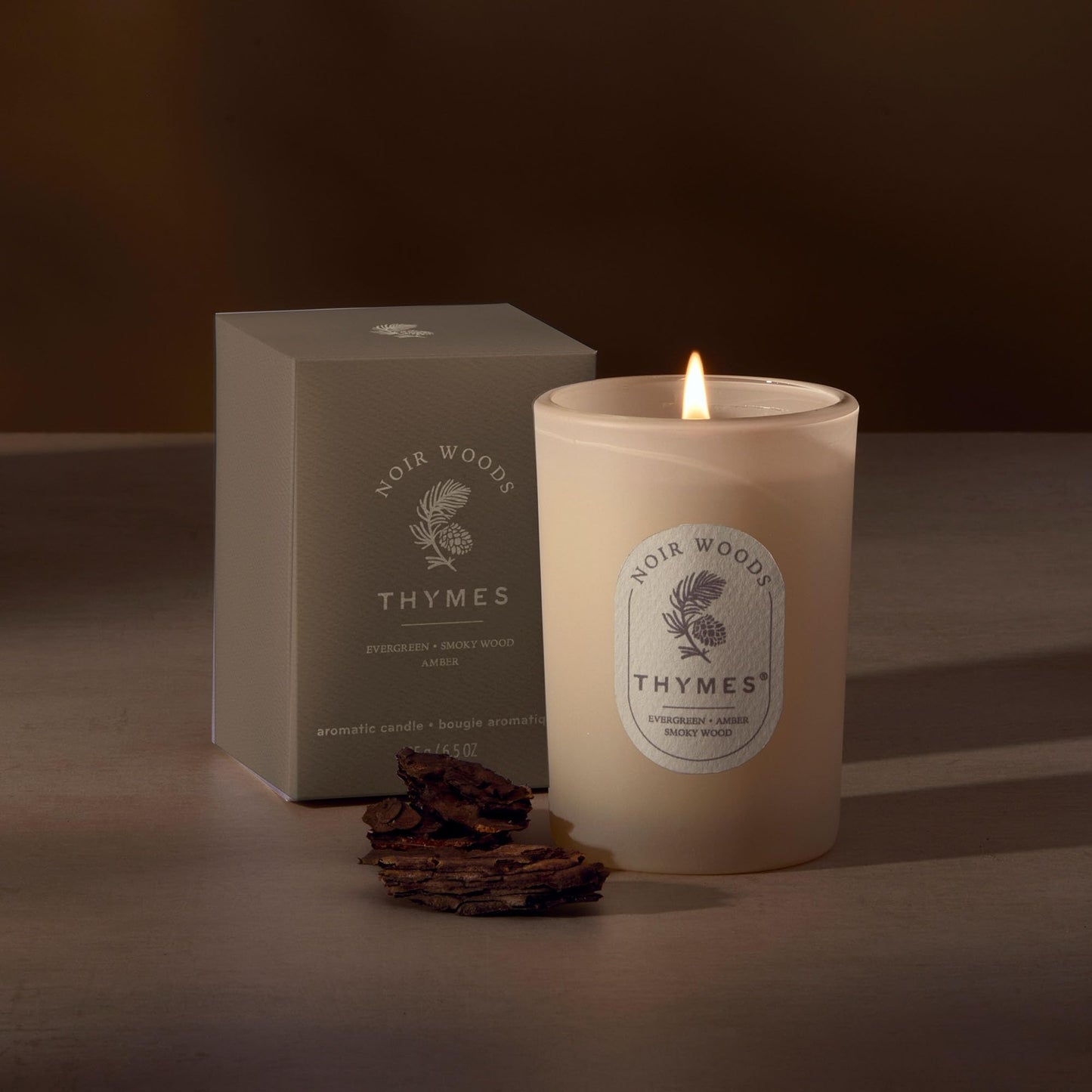 Thymes Noir Woods Scented Candles for Home Decor – Notes of Fresh Evergreen, Smoky Wood & Golden Amber – Luxury Home Fragrance Gifts for Women & Men – (Boxed Small Candle, 6.5 oz)