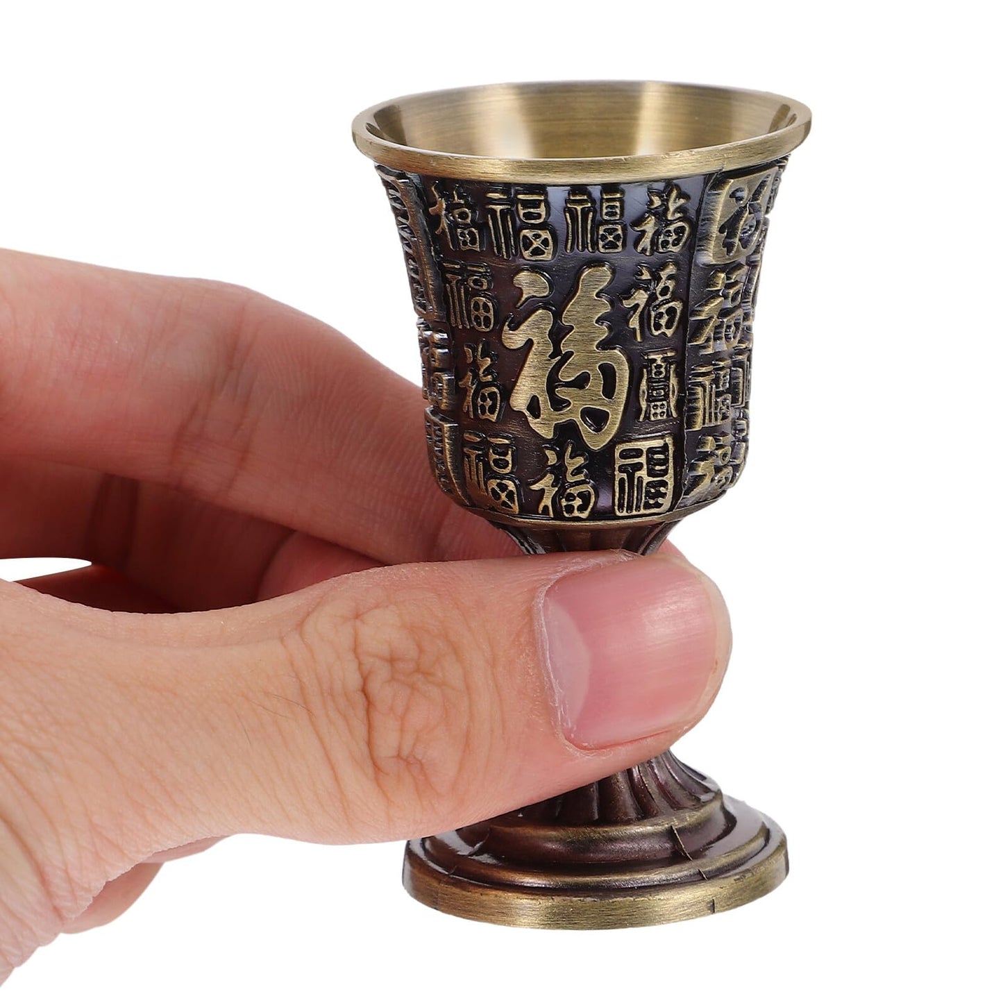JOYOFREELY Vintage Copper Goblet Chalice Fu Character Engraving, Small Bronze Wine Drinking Cup for Home Bar, Traditional Chinese Style Shot Glass