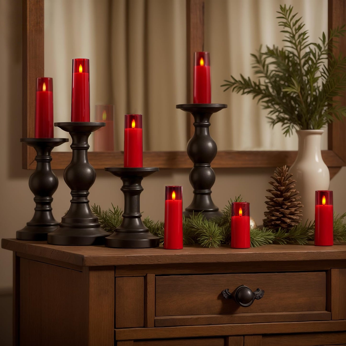 Homemory Decorative Flameless Candles, Battery Operated Candles with Remote & Timer, Flickering Led Pillar Candles, Plexiglass, Red, Pack of 9, D2.2 xH 5" 6" 7"