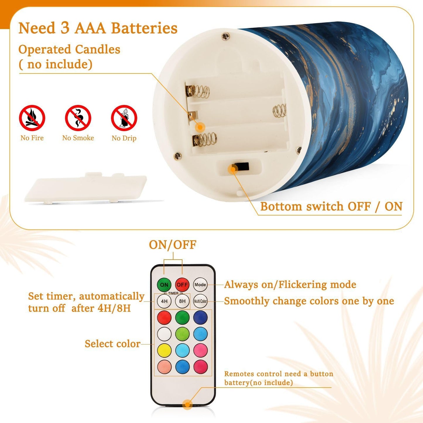 WEVIBOFU Blue and Gold Marble Flickering Flameless Candles LED Battery Operated with Remote Timer Pillar Candles for Home Birthday Wedding Christmas Decor, Set of 2