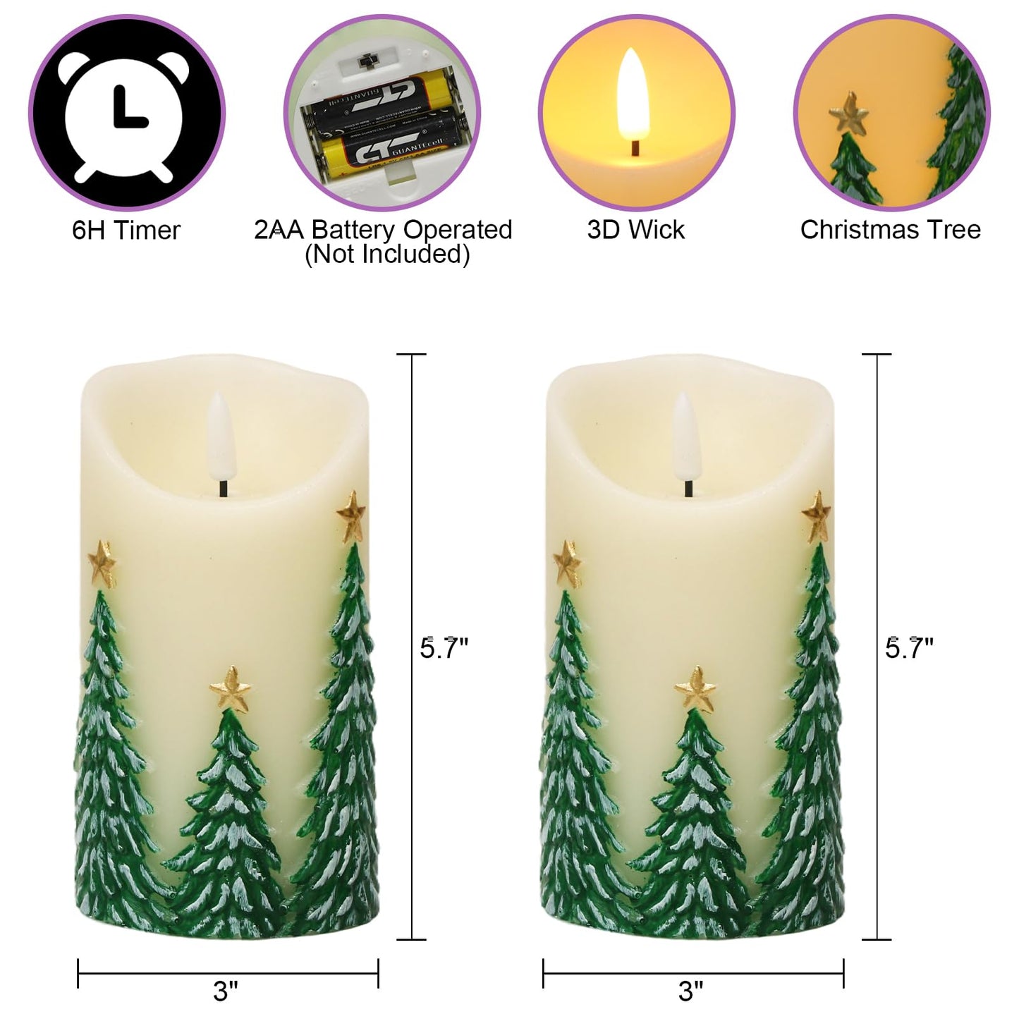 Lasumora Christmas Tree LED Candles with 6H Timer, flameless Candles with Flickering Flame, Waxy Pillar 2 Pack Flickering Star Decor for Fall Christmas Decor (3 inches x 5.7 inches)
