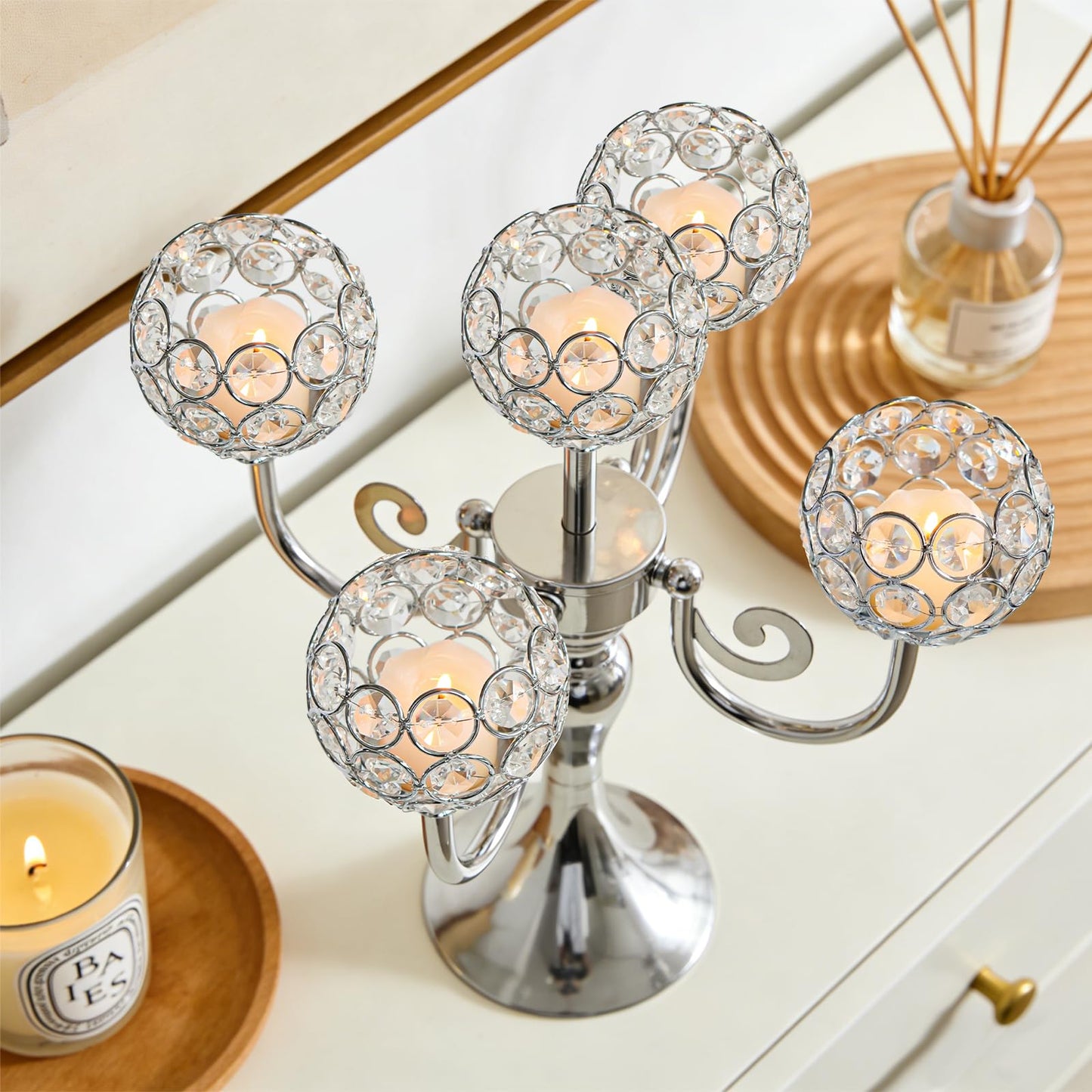 5 Arm Metal Crystal Candelabra Centerpiece - 13.4 Inch Elegant Candle Holder with Crystal Beads for Wedding Party Christmas Home Dining Table Decoration (2, Silver)