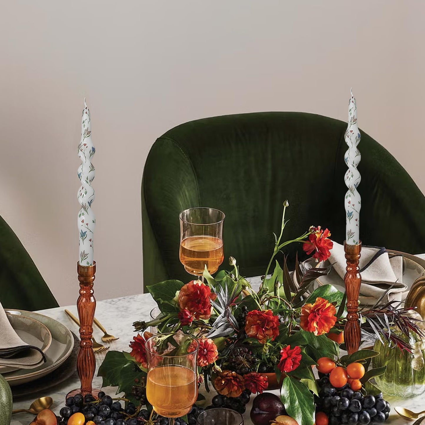 Unscented Floral Taper Candle Spiral Candlesticks - Set of 2 Trefoil Handmade Twisted Candle 10 Inch Long Candle Sticks Print Tapered Candles for Home Wedding Dinner