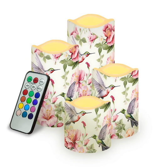 Cozeyat Floral Bird Color Changing Flameless Candles 4 Pack with Remote Control Timer Battery Operated LED Pillar Candles Waterproof for Indoor Outdoor Wedding Decor