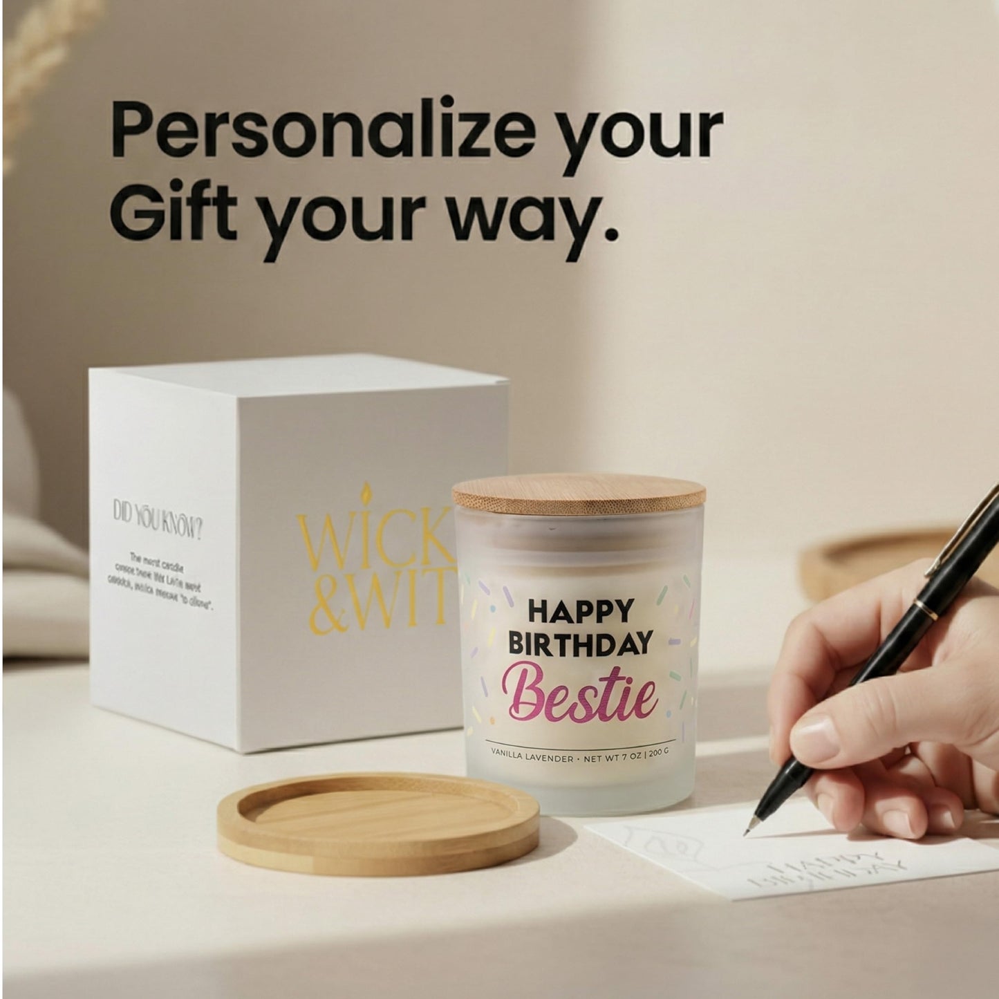 Bestie Birthday Gifts for Women - Happy Birthday Bestie Gifts for Women with Sprinkles Friendship Soy Candle Gift Set for BFF Sister Coworker Vanilla Lavender Candle Ready to Gift Box by Wick and Wit