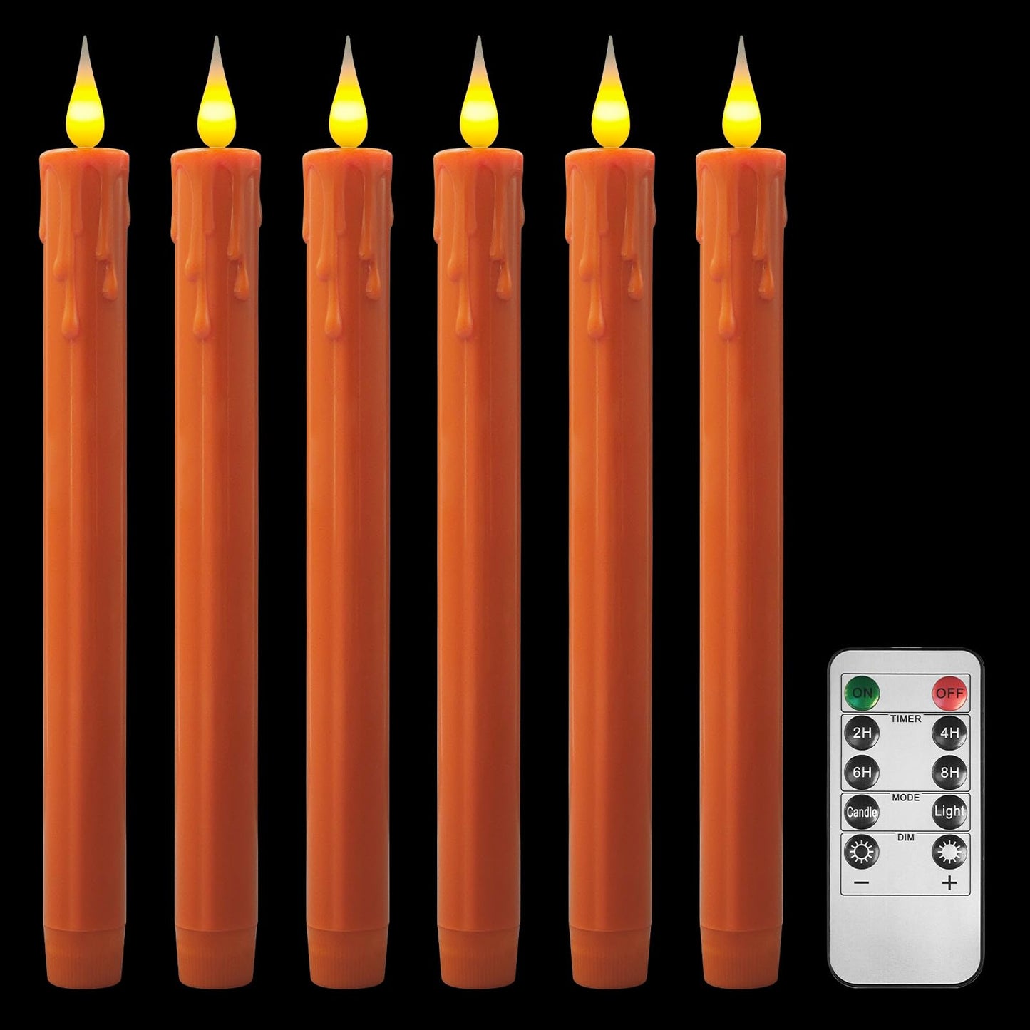 Flameless Taper Candles -10 inch 6 Pack Orange Candle Sticks with 3D Flickering Effect & 10-Key Remote, Realistic Battery Operated Candlesticks for Christmas Decor, Weddings, Halloween, Home Decor