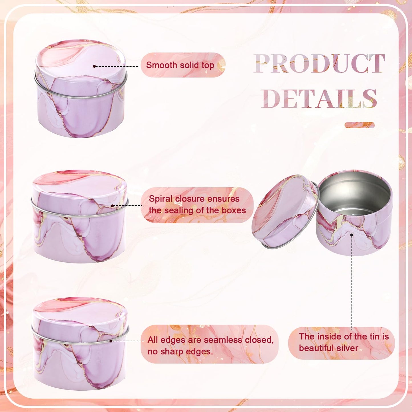 Patelai 2.5 oz Purple Metal Round Tins Aluminum Tin Cans Salve Tins Containers with Screw Lid 10 Sheets Stickers for Salve Spice Candies Balms Candles, 36 Pack (Elegant Style)
