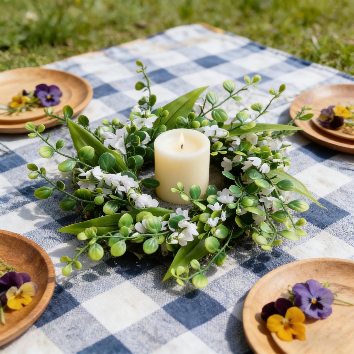 6 Pcs Green Boxwood Candle Rings Wreaths Mini Spring Summer Forsythia Wreath for Front Door Artificial Rings Wreaths with White Flowers for Pillar Porch Wall Window Farmhouse All Seasons Decor