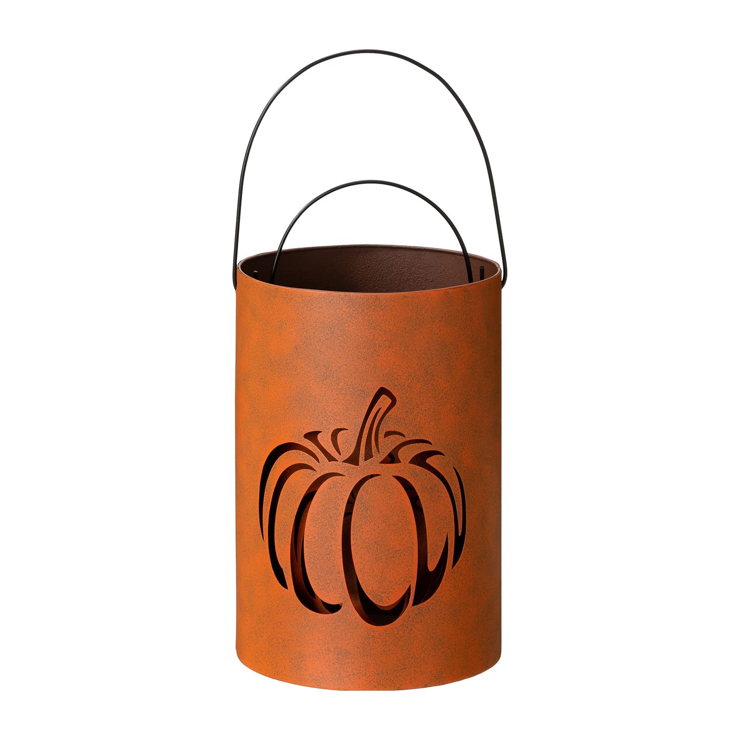 Glitzhome 2 Pack Halloween Cutout Pumpkin Lantern Candle Holder Bucket Thanksgiving Metal Standing or Hanging Porch Signs Decor, Orange