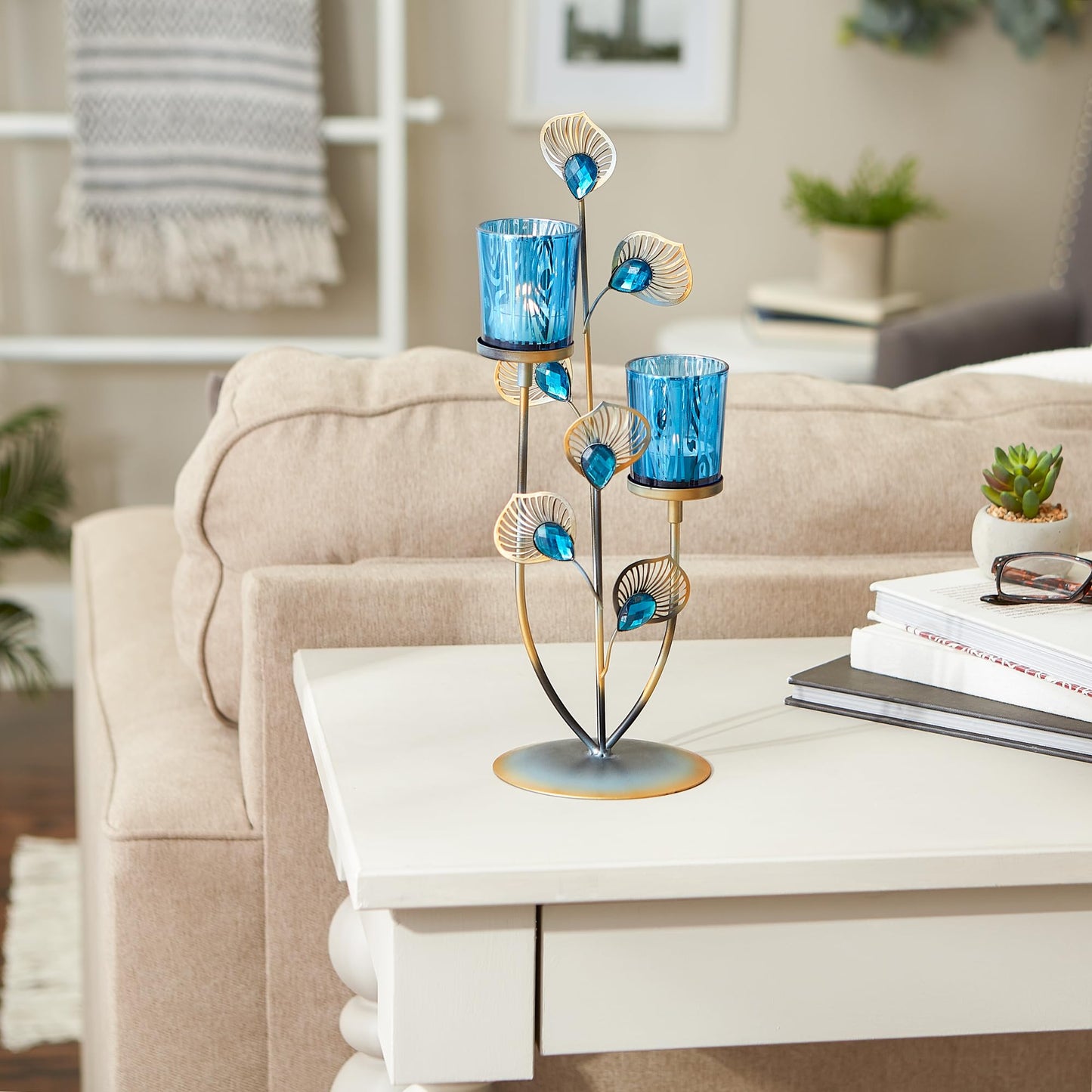 Zingz & Thingz Exotic Peacock Plume Collection Tealight & Candle Lighting, 4.625x4.625x14, Holder Duo