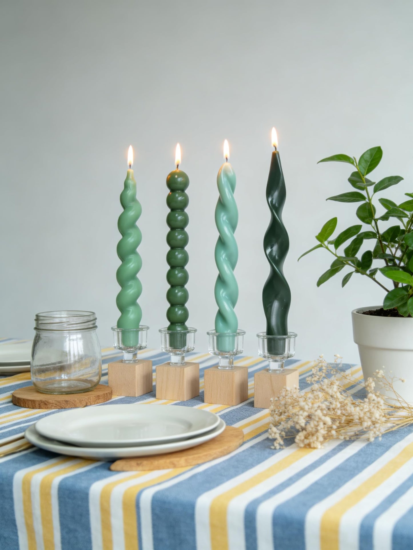 Green Spiral Taper Candles Short Candle Sticks Unscented Smokeless Twisted Candlesticks for Wedding Table Decor Holiday Dinner Party-7.5inch-12pack