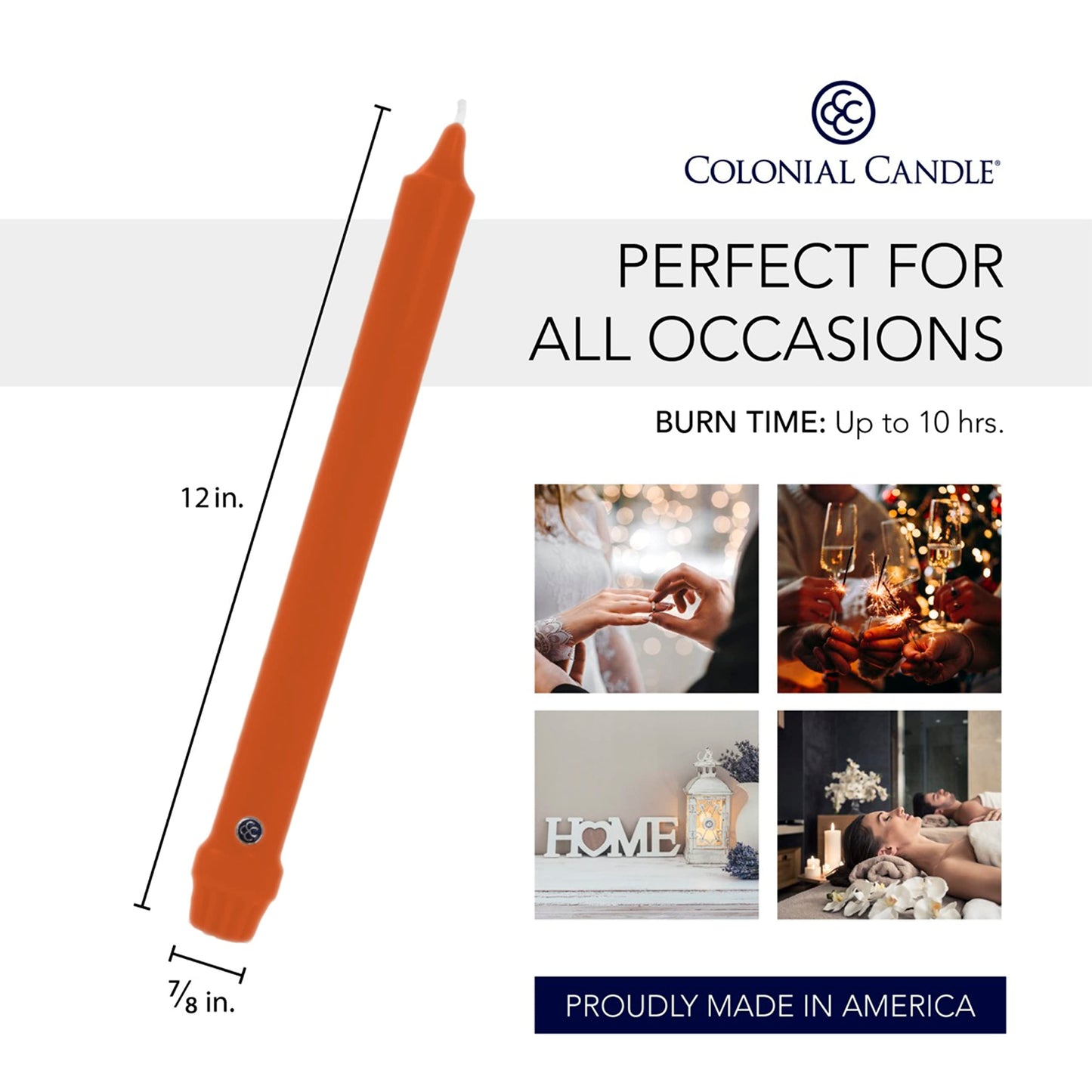 Colonial Candle Unscented Taper Candle, Classic Collection, Pumpkin, 12 in, Pack of 12 - Up to 10 Hours Burn