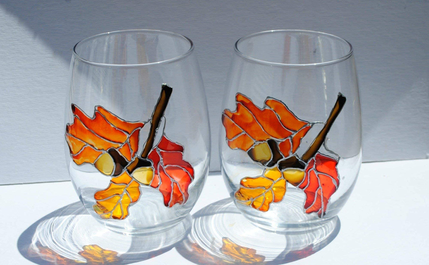 Oak Leaves Acorns Stemless Hand Painted Wine Glasses Set 2 Fall Decor