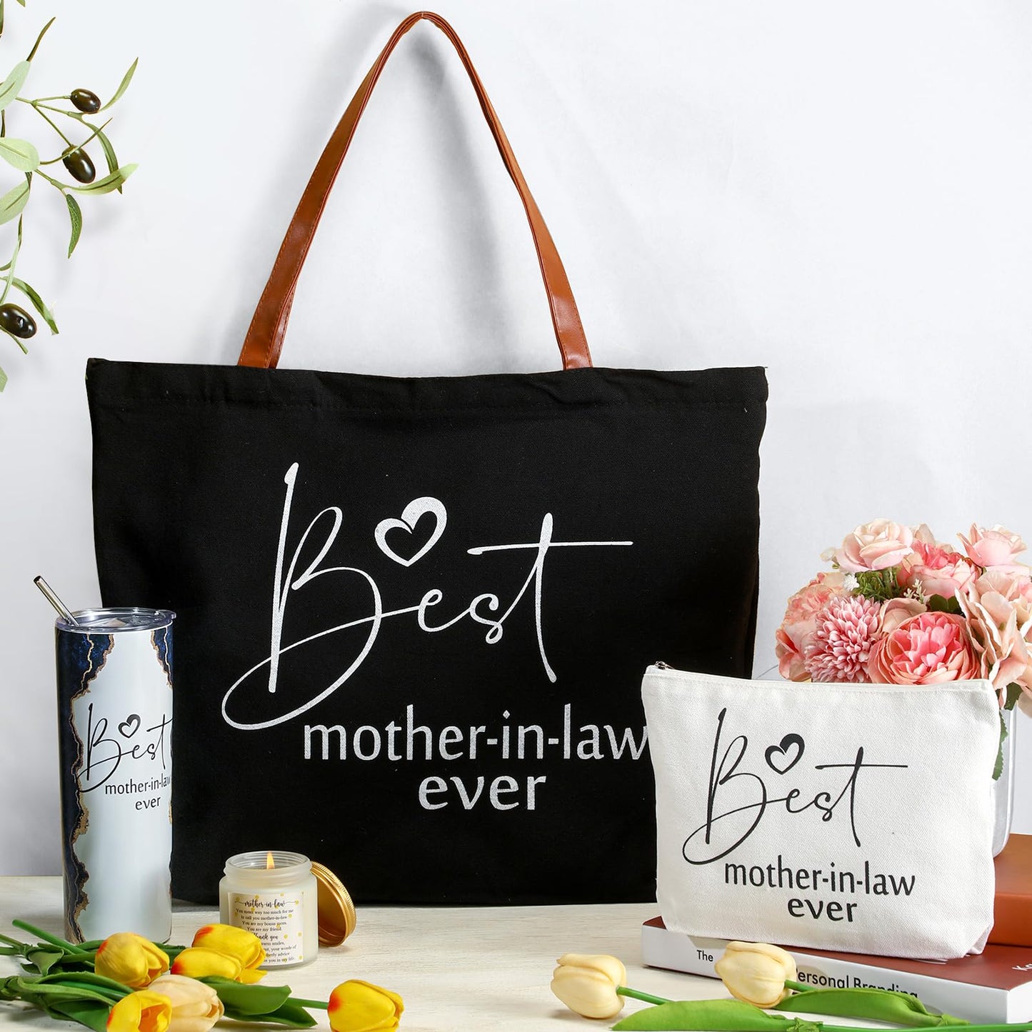 Domensi 4 Pack Mom Gifts Best Mother in Law Ever Gift Tote Bag 20oz Tumbler Cup Makeup Bag Mother in Law Scented Candle for Mothers Day Women(Navy Blue)